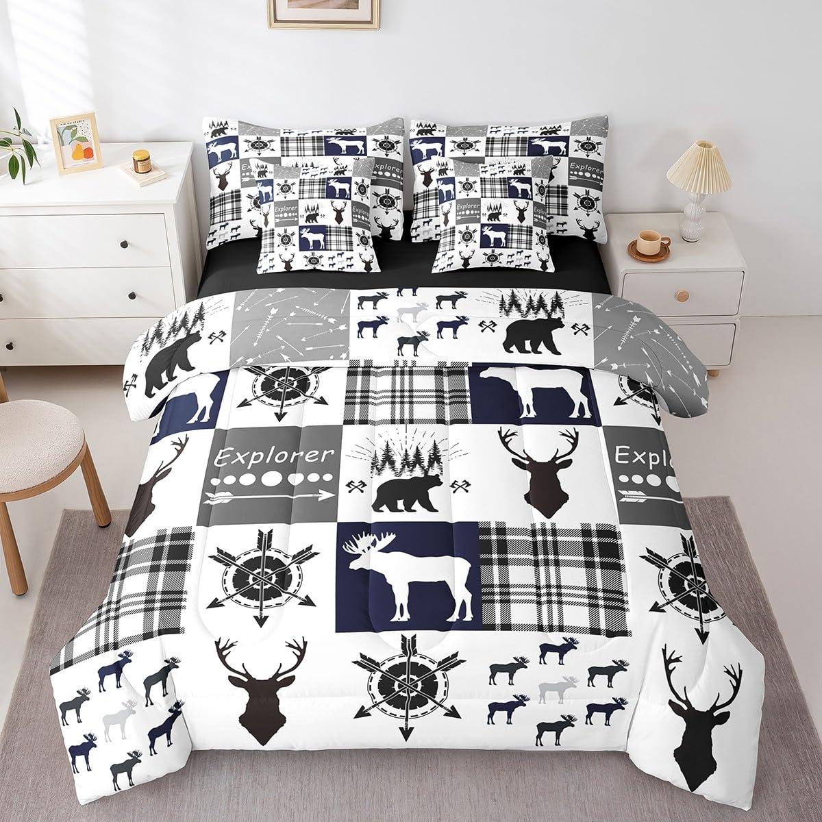 Erosebridal Elk Deer Twin Comforter Set with Sheets, Moose Bear 7 Piece Bedding Set Woodland Animals Bed in a Bag, Tribal Arrow Black White Buffalo Checked Patchwork Bed Sets