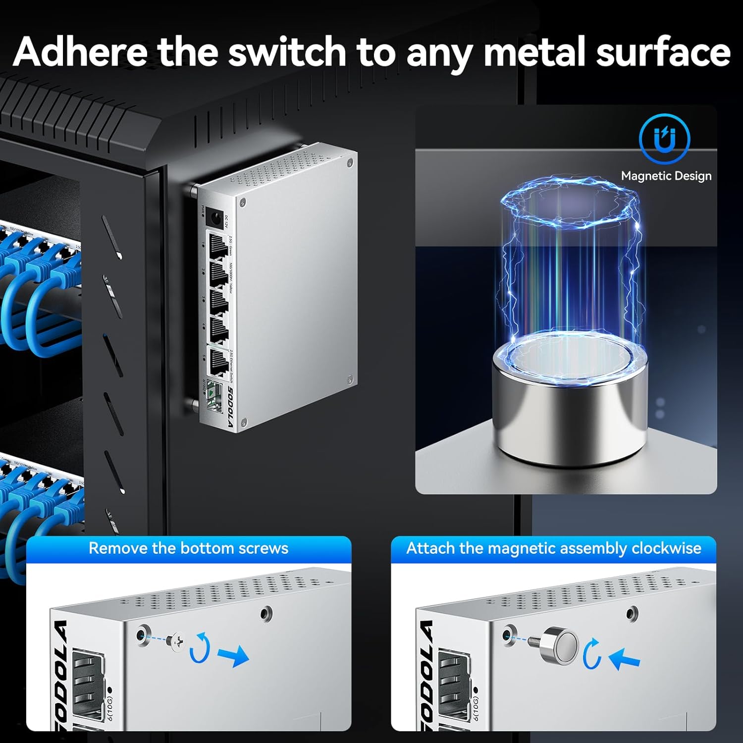 SODOLA 2.5Gb Switch Unmanaged,5 x 2.5G Base-T Ports, 1x 10G SFP+, Aluminum Alloy Cooling & Magnetic Mounting,2.5 Gigabit Network Switch Fanless Plug & Play, 2.5 Gigabit Switch,Lifetime Protection