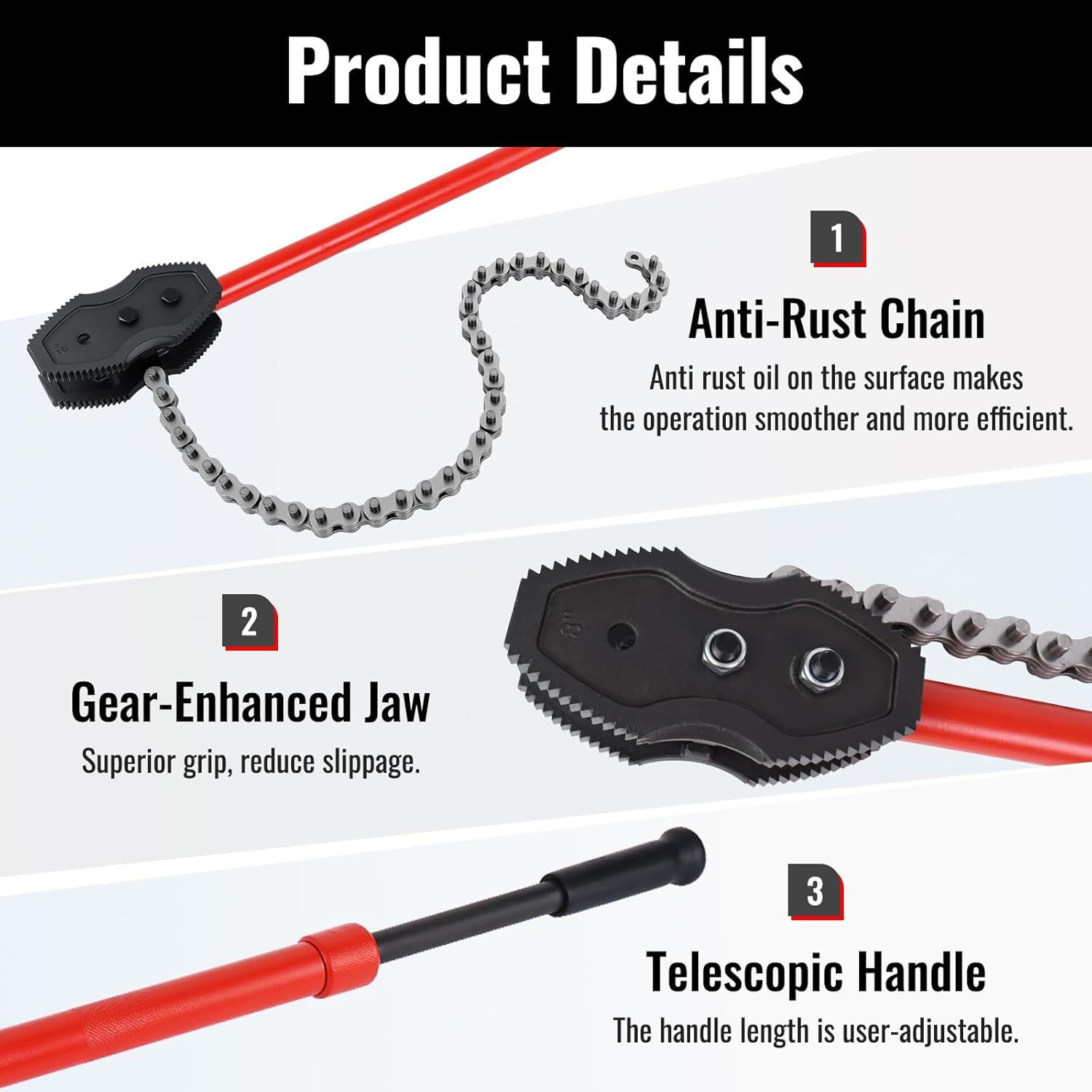 YHK Chain Pipe Wrench, Chain Tongs with 41.3" Chain Length and 36.3”-48.5” Telescopic Handle Length, Chain Wrench for Pipe Installation, Repair, and Maintenance, Fit for 1-1/2"-8" Pipe Diameters (Red)