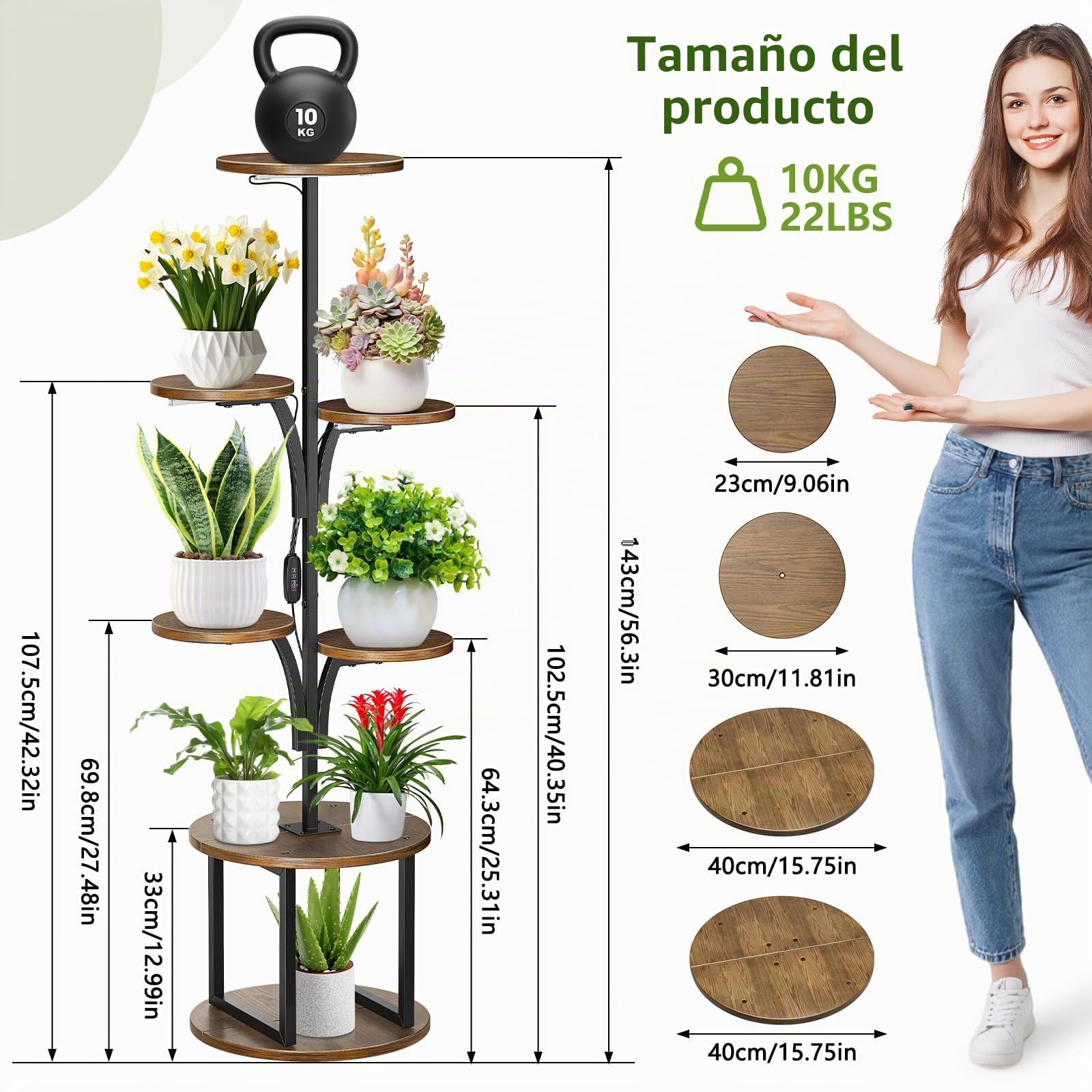 Estantería para Plantas con Luz de Crecimiento, Soporte para Plantas Interior 7 Niveles Diseño de Árbol, Estantería Plantas de Metal y Madera con Temporizador 3/9/12h y Brillo Ajustable