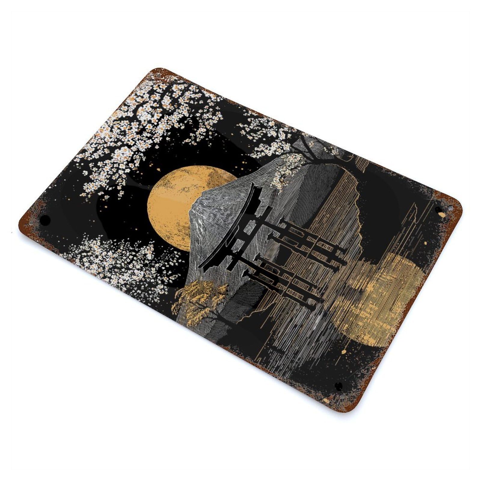 Garage Style Mount Fuji with Torii Gate And Moon Rusty Metal Tin Sign 11.8"x7.9", Shabby Chic Decor for Bar And Workshop