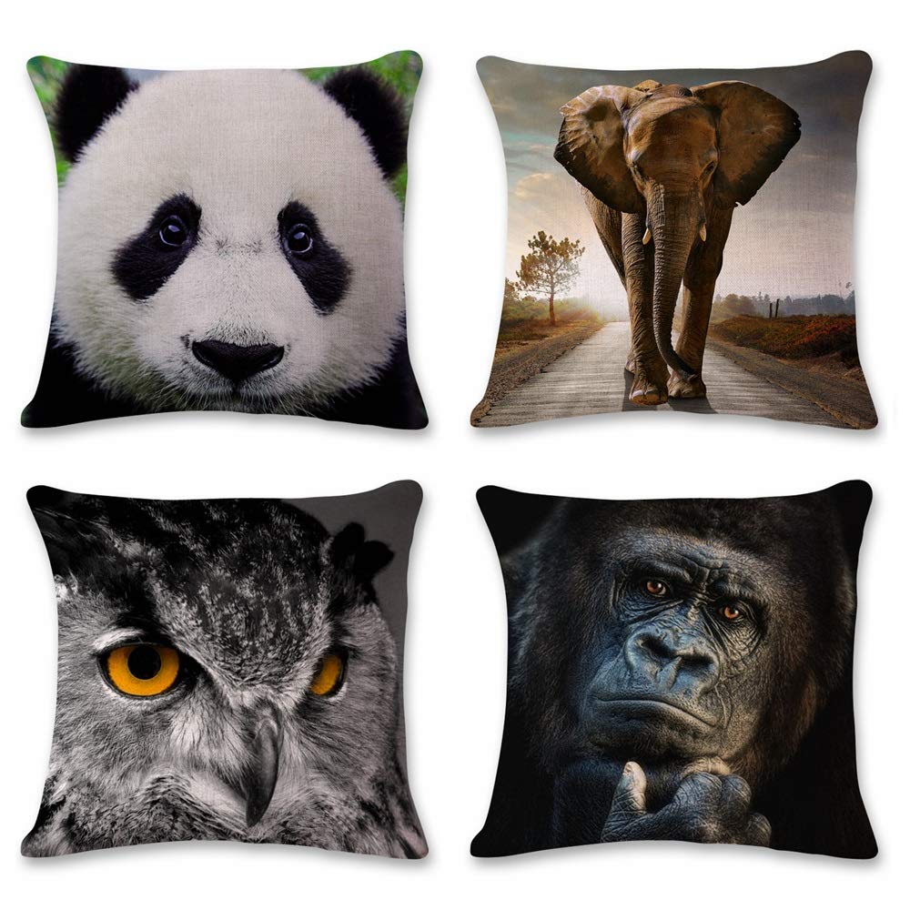 4 Federe Per Cuscini Decorativi 45x45 Cm – Morbido Cotone E Lino, Motivi Panda Ed Elefante Carini, Con Cerniera Nascosta, Coperture Per Cuscini Divano, Letto, Auto