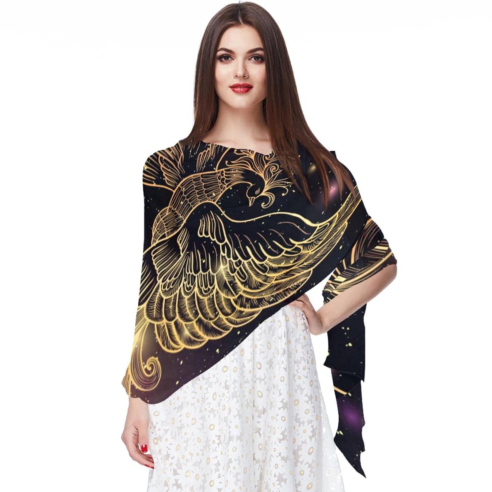Golden Fire Phoenix Women Soft Chiffon Pashmina Shawl Wrap Scarf for Bridesmaid Wedding Formal Party Evening Dress