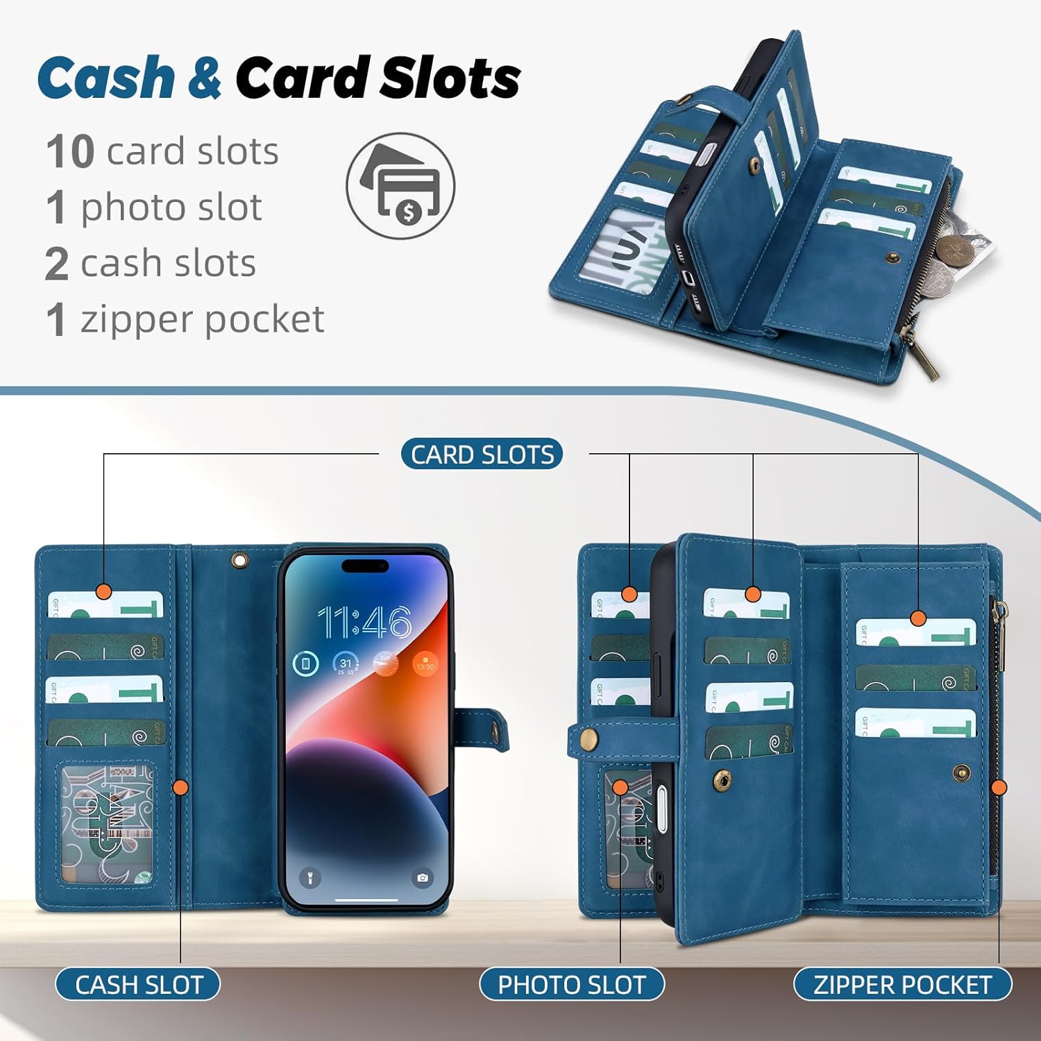 TwoHead Wallet Case Compatible with iPhone 17 Pro Max,Detachable,Magnetic,11 Cards Holder,PU Leather All-Round Protective Phone Case with Change Pocket(6.9 in,Navy Blue) - Image 3