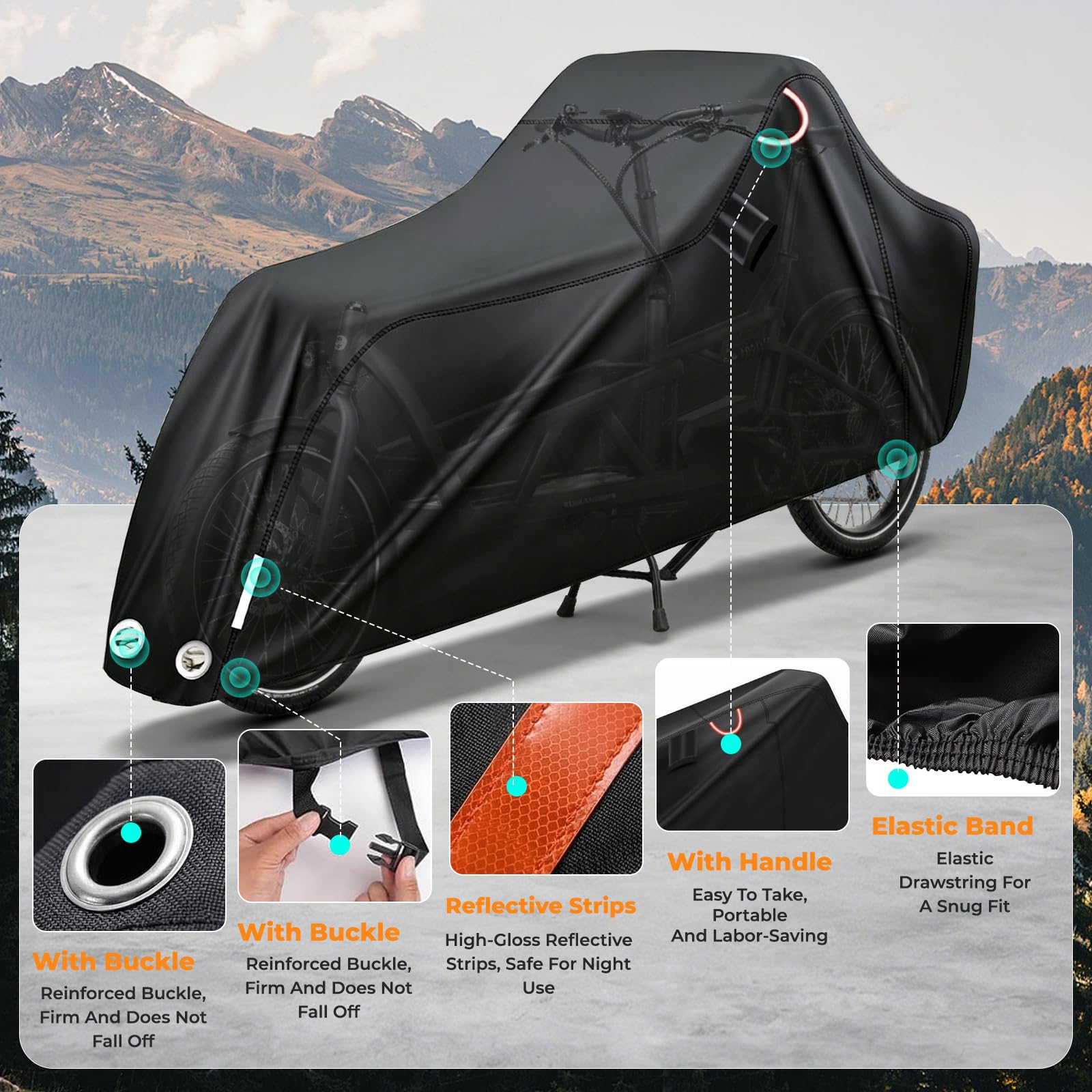 Housse de Protection Vélo Cargo, Tissu Oxford 420D Housse pour Vélo de Charge, 270*63*74*100cm, Exterieur avec Bandes Réfléchissantes, Imperméable à La Pluie, à La Neige