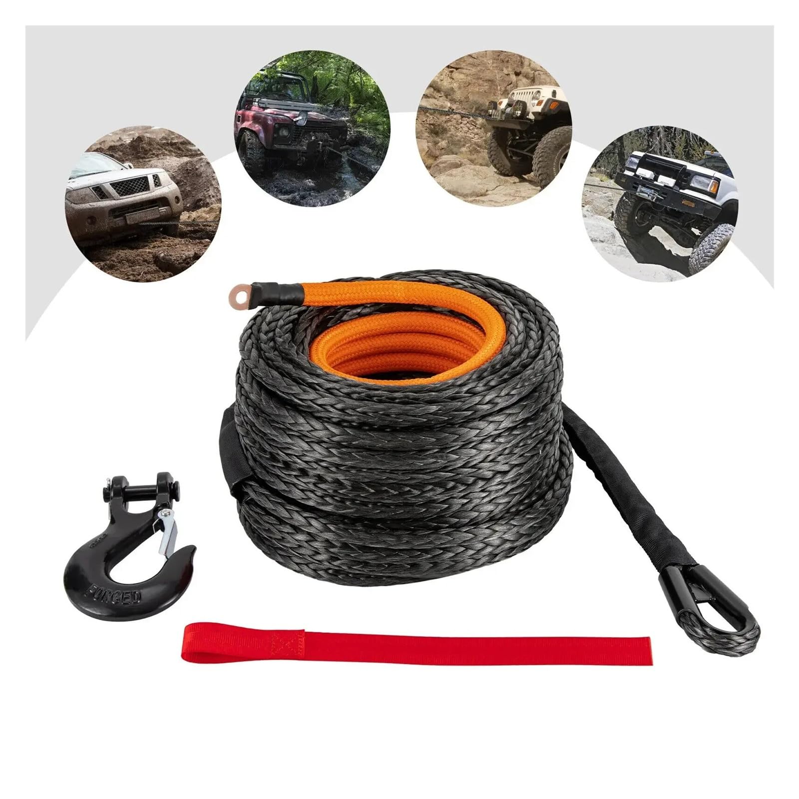 Zestaw syntetycznej wyciągarki samochodowej o udźwigu 31 500 funtów, 1/2 x 92 stopy, kabel holowniczy z hakiem do holowania samochodów i quadów Duża pojemność