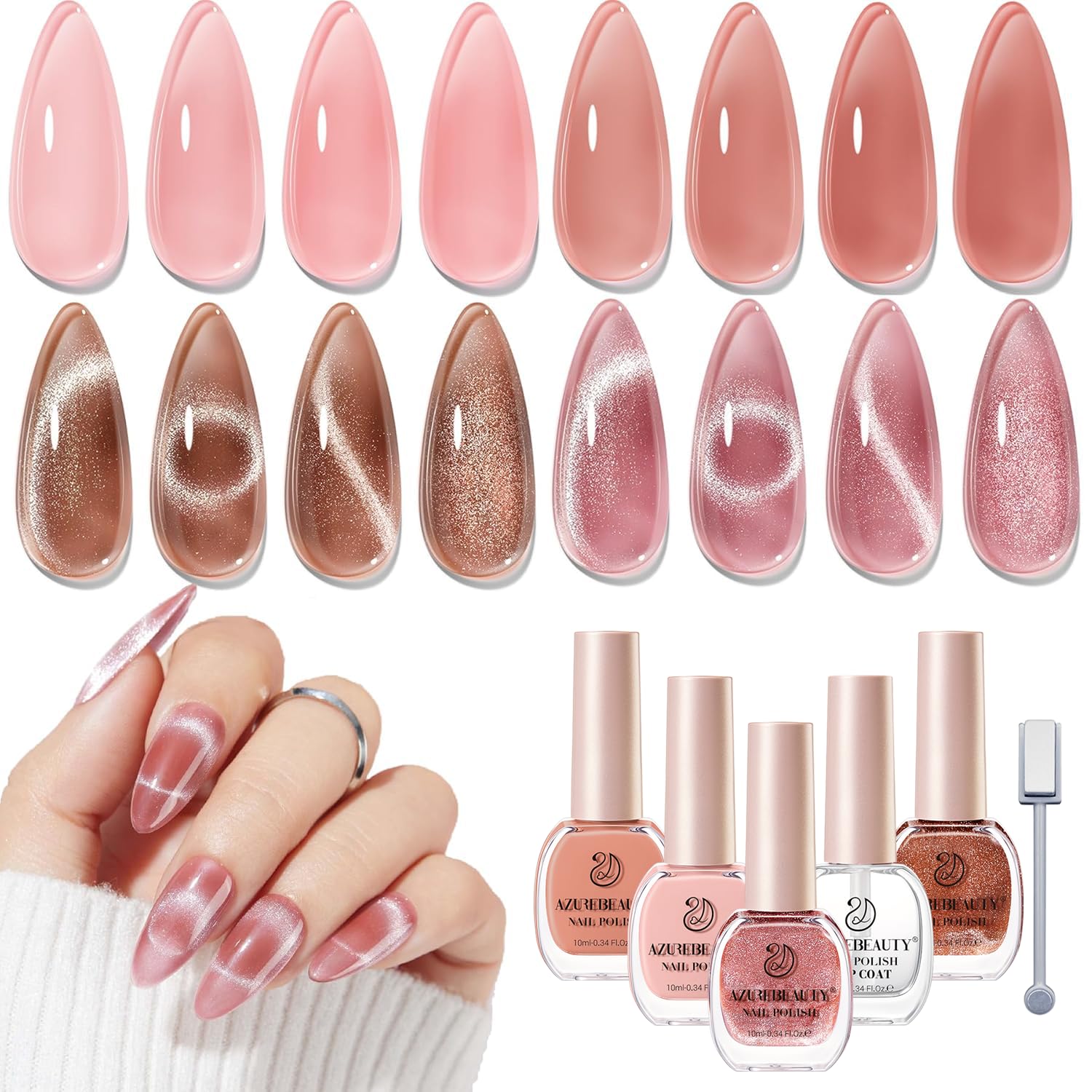 AZUREBEAUTY Cat Eye Nail Polish Set, 4 Colors Magnetic Nude Jelly Glitter Quick Air Dry Non Gel Natural Fingernail Lacquer Strengthening Treatment Kit with Top Coat DIY Salon at Home