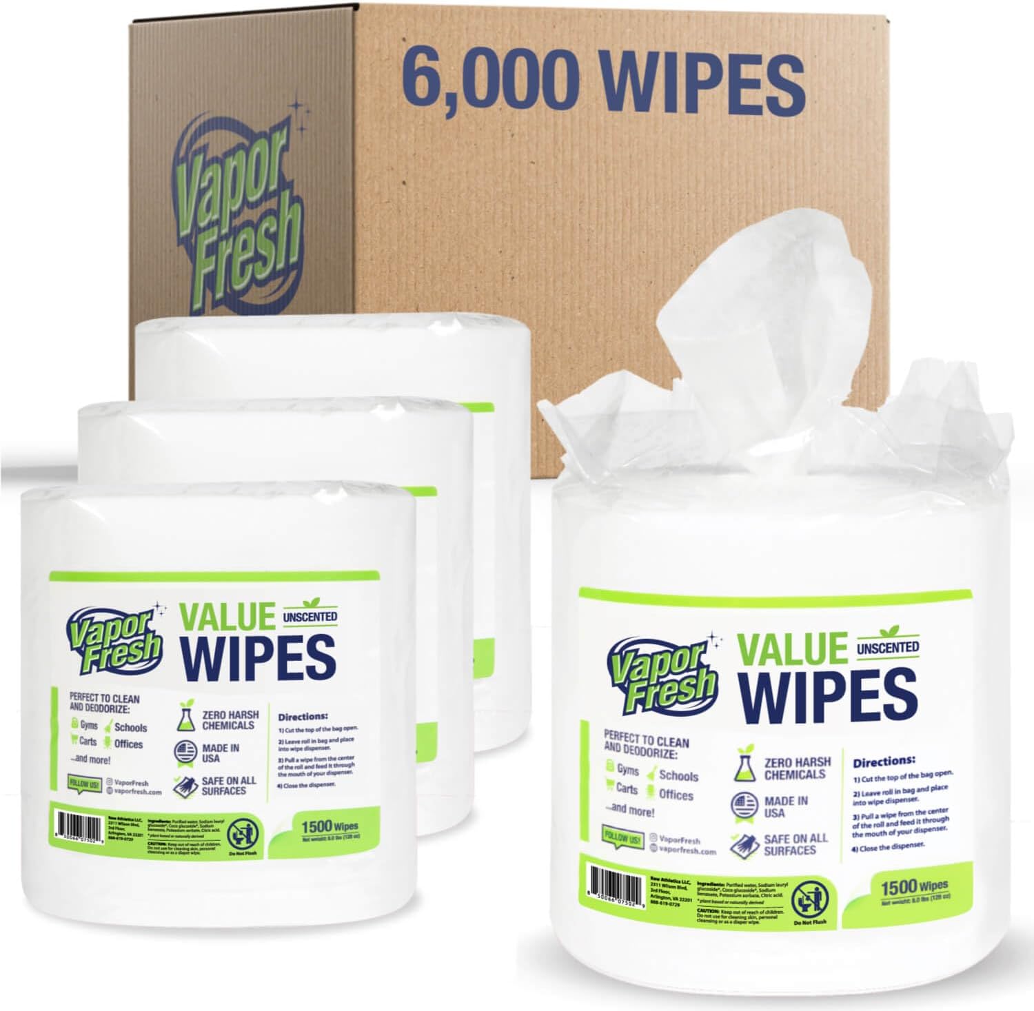 Vapor Fresh Value Wipes - 1,500 Count x 4 Rolls (6,000 Total Wipes) Plant Powered Commercial Grade Cleaner For Gym Equipment, Fitness Studios, Spas, Schools - Bulk Refill Rolls - Unscented