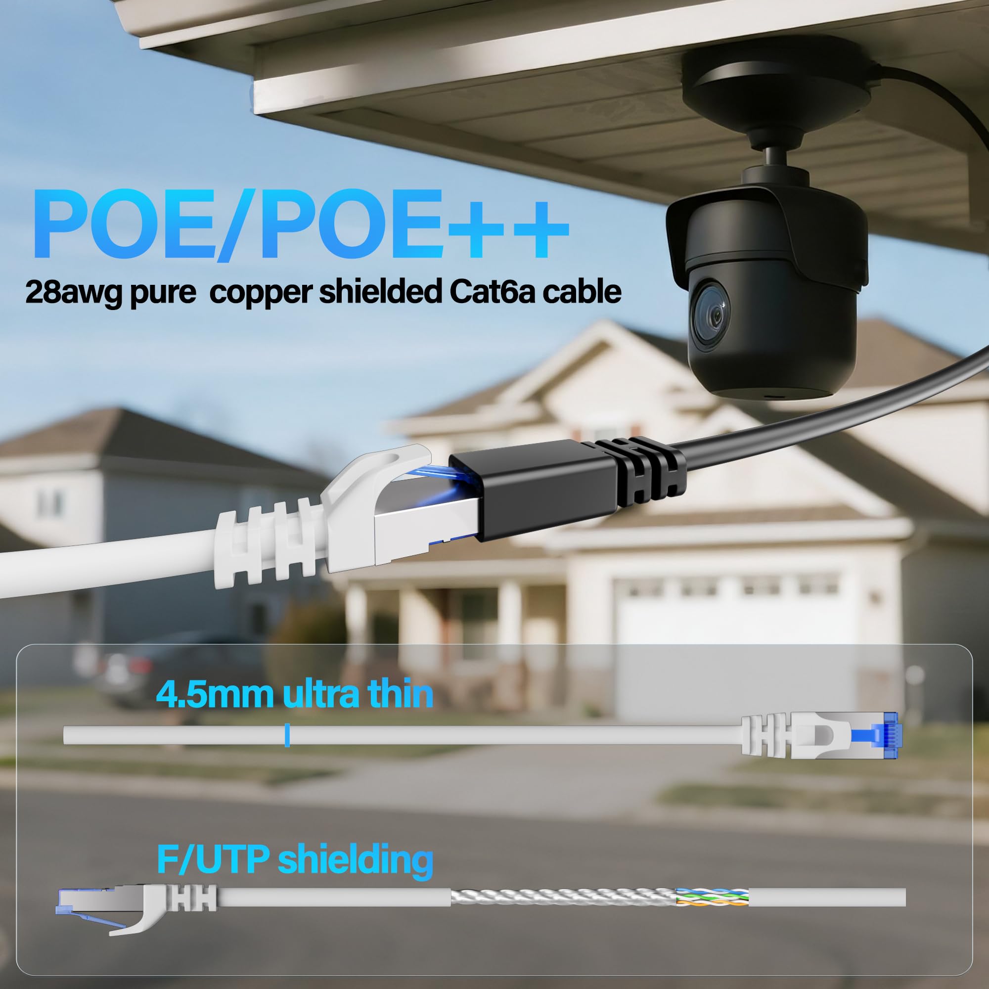 Cable Ethernet Cat6A blindado de 10 Gbps de 10 pies (paquete de 5), cable Ethernet blindado delgado (F/UTP) Cat 6, cable de cobre desnudo Cat6 flexible de 28 AWG, cable de red Cat 6a que ahorra
