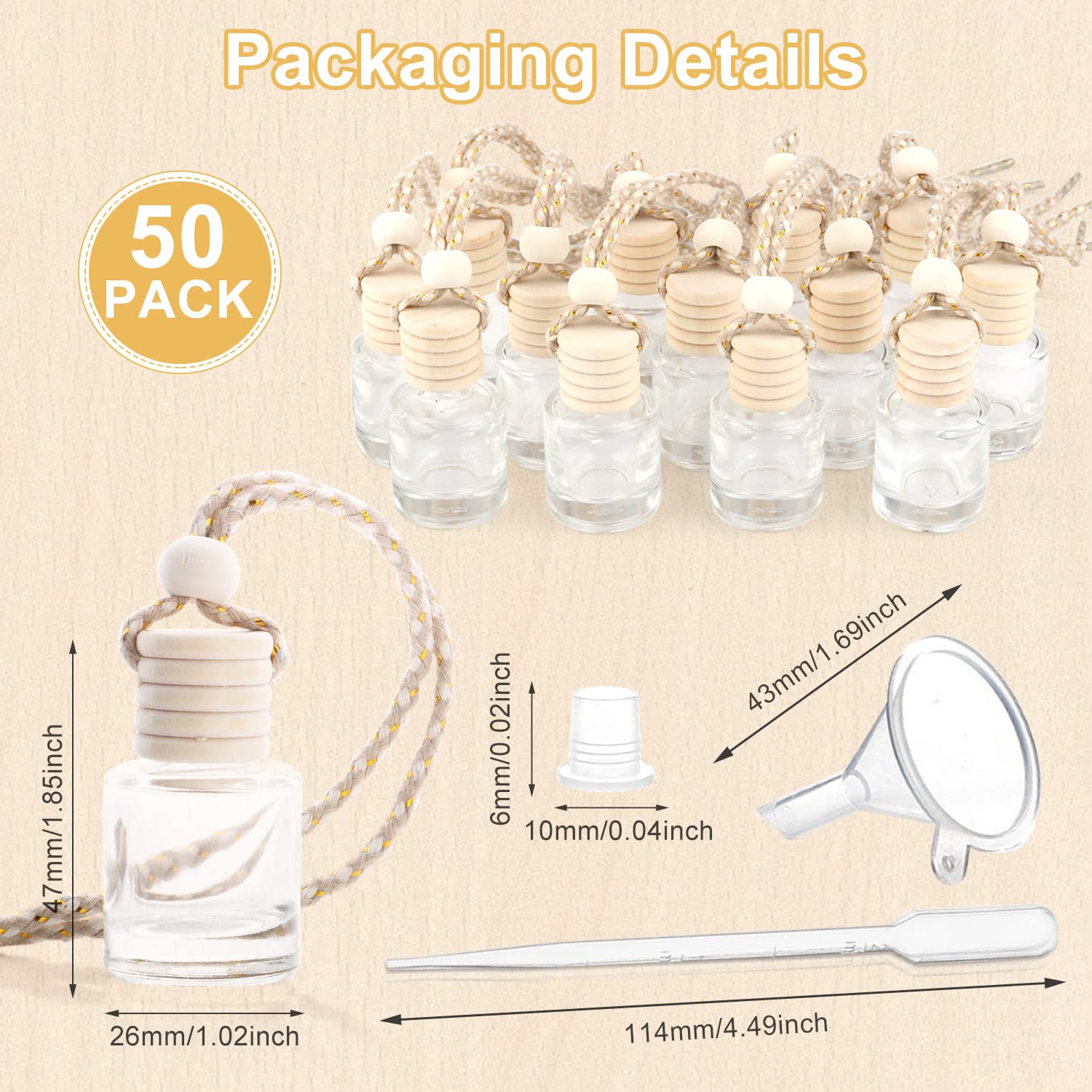 50 unidades/juego, difusor de ambientador colgante de 8 ml, difusor de perfume de vidrio transparente recargable aspiradora con tapas de madera y cuerda para colgar, estilo cilíndrico