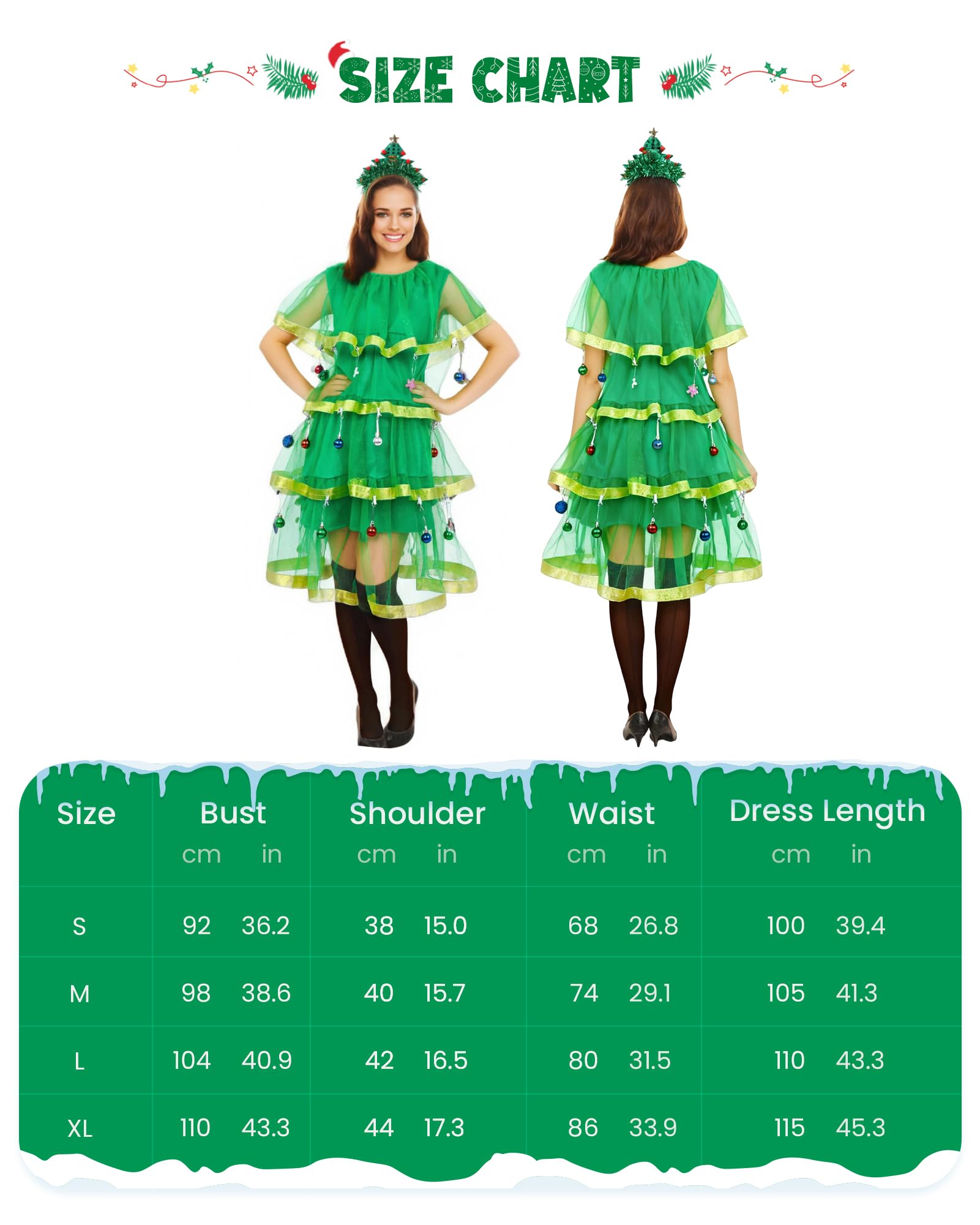 SANMIO Costume d'arbre de Noël, robes de fête de Noël pour femme, tenues de déguisement comprenant 7 pièces de robe de sapin de Noël + bandeau + boucles d'oreilles à paillettes + étoiles colorées +