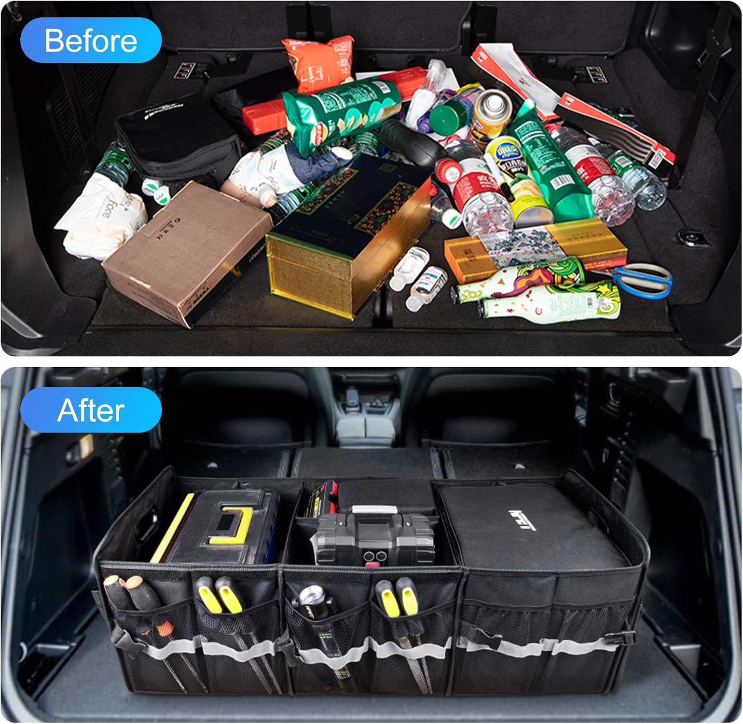 NPET Car Trunk Organizer, Collapsible Multi-Compartment Car Storage Organizer, Adjustable Straps for Any Car, SUV, Trunk, Van (Black-3 compartment)