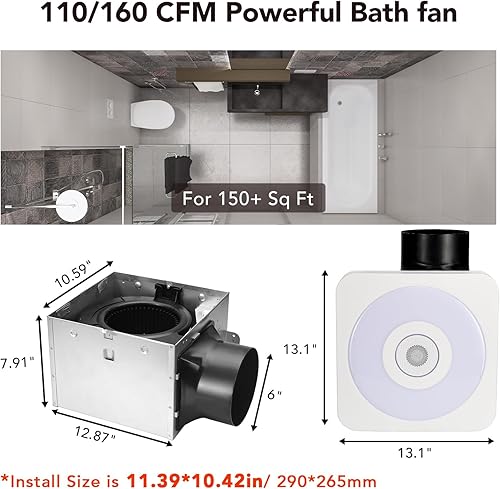 Miniatura 7 de OREiN OL005 Ventilador de baño con altavoz Bluetooth, 110160 CFM 1.0 Sone Ventilador de baño con luz, ventilador de baño de 40 W con luz y control