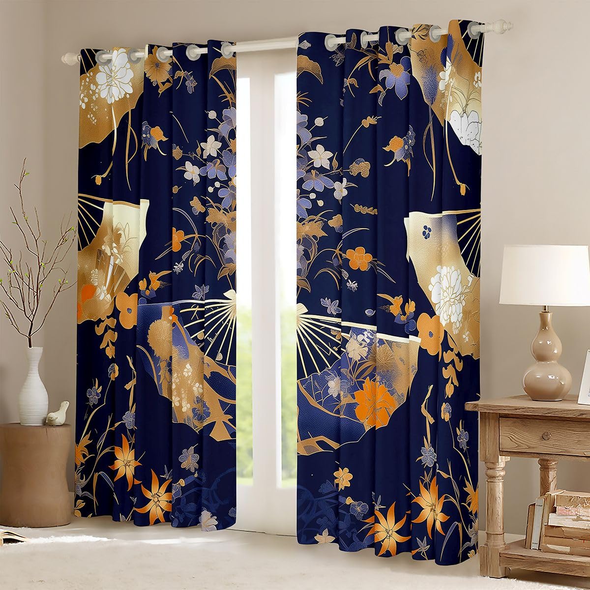 Homewish Fanowe zasłony okienne, 117 x 137 cm, 2 zestawy paneli – kwiatowe zasłony zaciemniające, japońskie składane wachlarze, kwiatowe zasłony okienne, piwonia, kwiat śliwy, stokrotka do sypialni