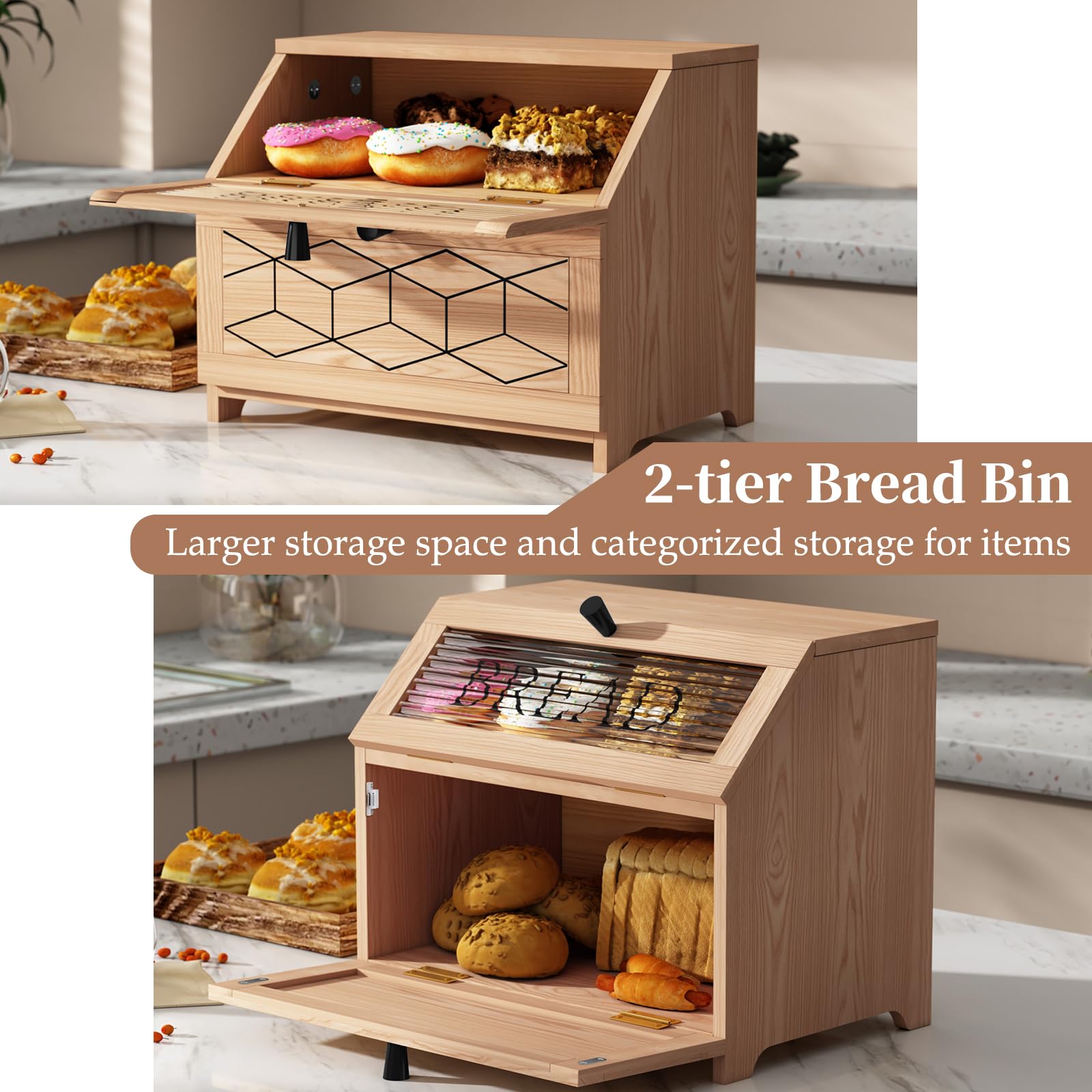 Double boîte à pain pour cuisine, boîte à pain en bois de chêne