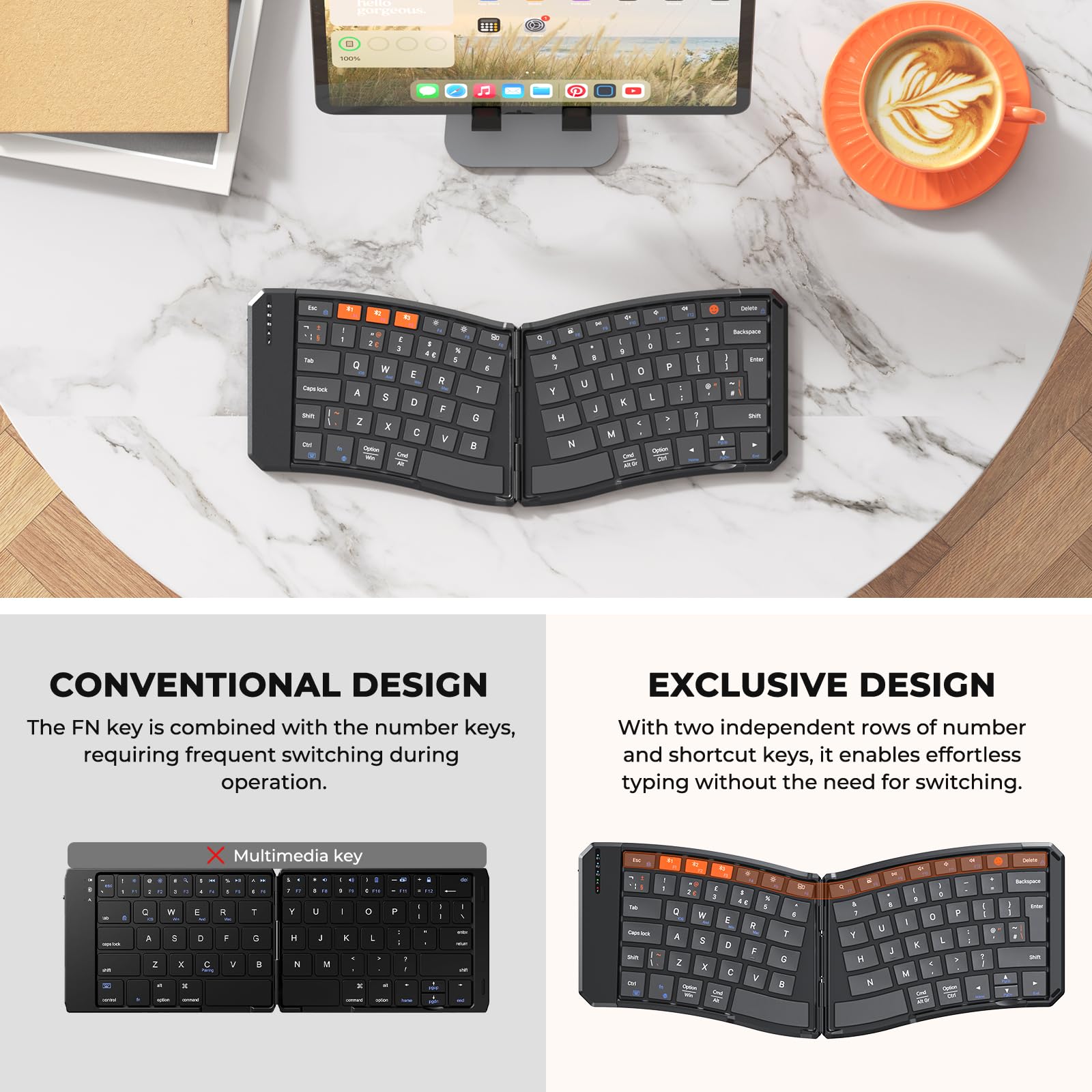 MEETION Tastiera Bluetooth pieghevole ergonomica, compatta, portatile, senza fili, per viaggi d'affari, ricaricabile, per PC, smartphone, iOS, Android, Windows, Mac, colore nero