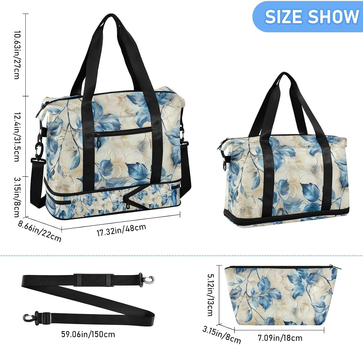 Blueleaves Workout Bag Sports Gym Tote Bag with Toiletry Bag for Airplane Traveling 2 Pcs Set