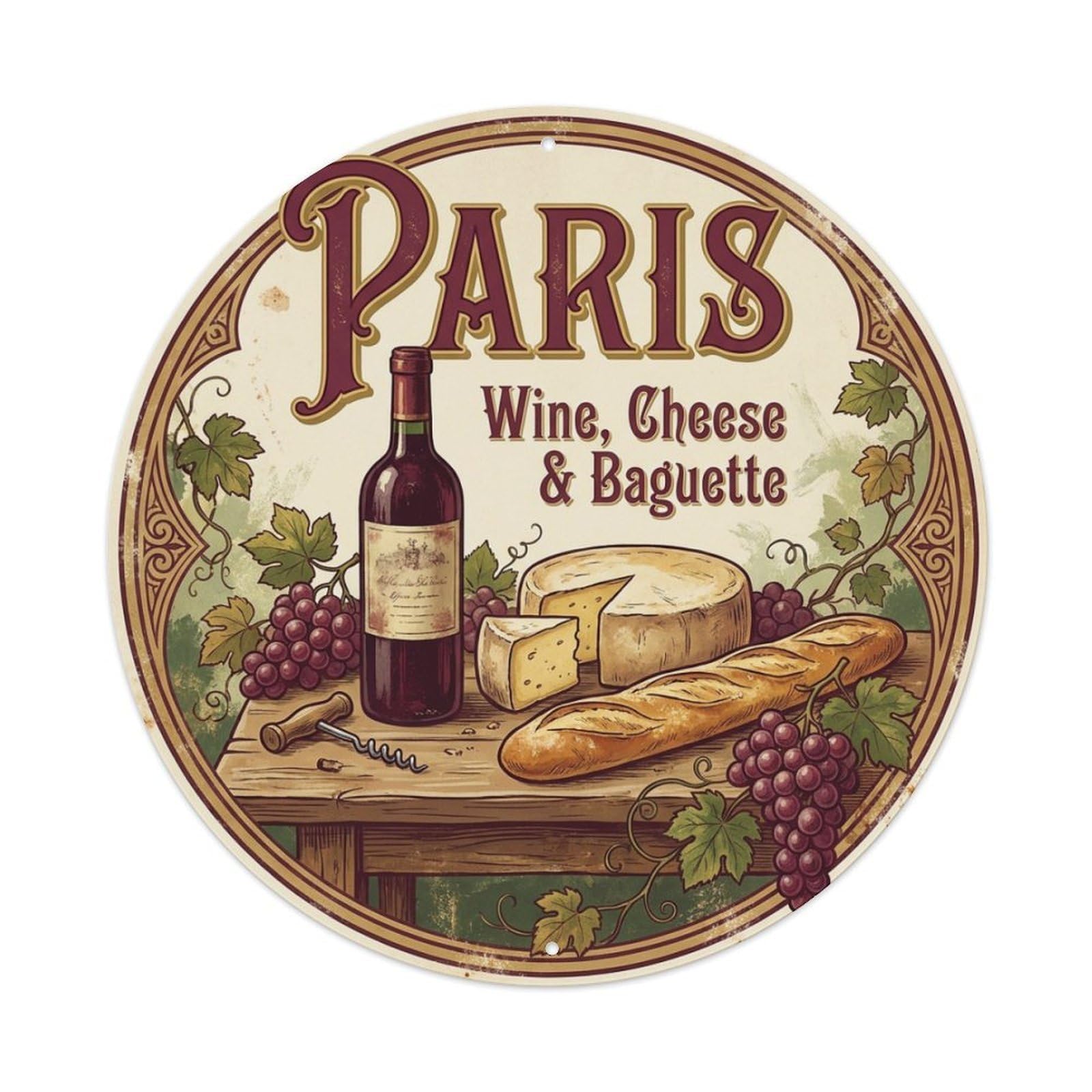 Olhnbad Style Cuisine Culture Paris Wine Cheese Baguette Travel Metal Tin Sign