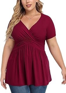 TIANZHU Plus Size Tunic Tops for Women Lightweight V-Neck Short Sleeve Baby Doll Tops with Empire Waist Casual Work Blouse