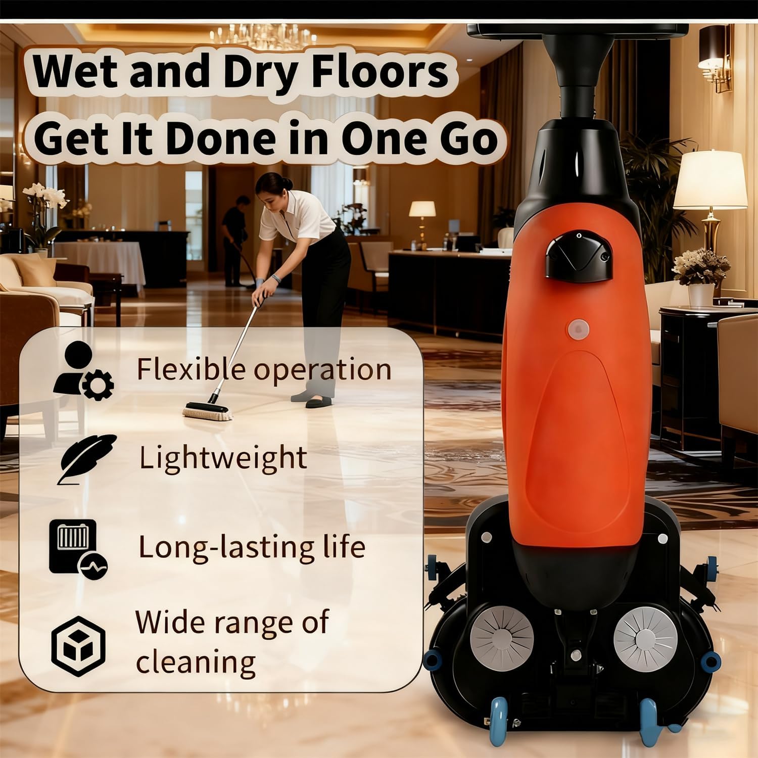 Commercial Floor Scrubber - Multi-Functional Floor Buffer Polisher Machine, Cordless Floor Washer, Hand Push Scrubber Dryer, 13000 Sqft/H, with 18" Cleaning Width, Rotary Double Brushes