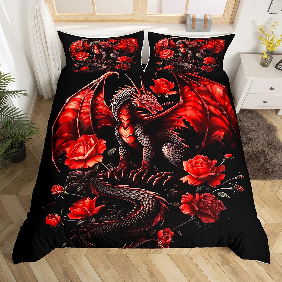 Homemissing Red Rose Dragon Duvet Cover Grey Black Dragon Teens Women Bedding Set for Kids Boys Girls Floral Flower Dragon Decor Comforter Cover Romantic Bedspread Cover 3Pcs Super King Size