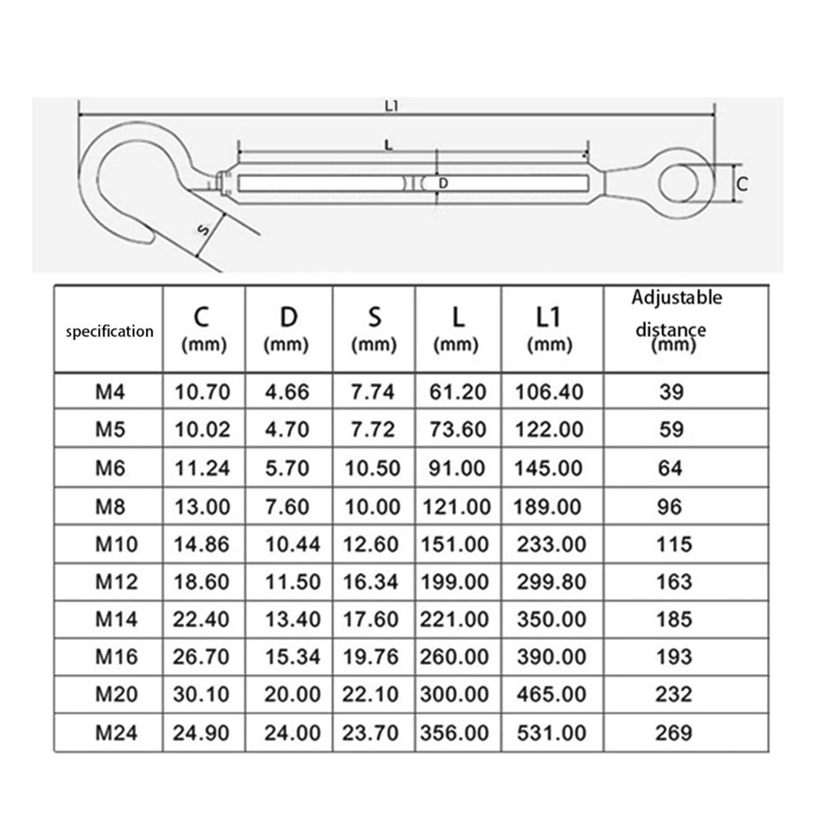 Tenditori in Acciaio Inox, Tenditore a Gancio e Occhiello in Acciaio Inossidabile 304 M4 M6 M8, Tensione del Cavo Metallico, 10 Pezzi(M5)