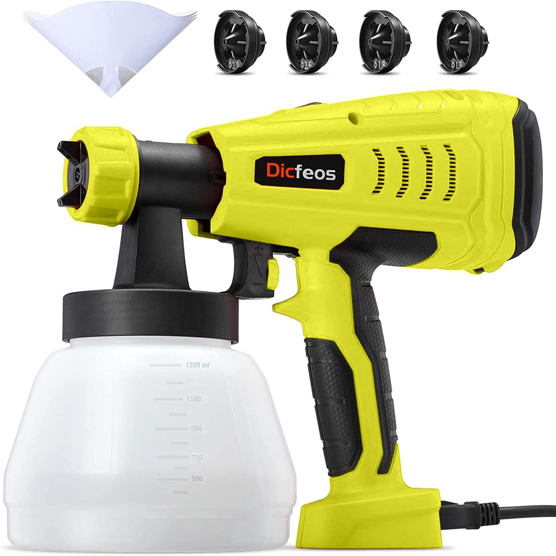 Dicfeos Paint Sprayer, 700W High Power HVLP Home Spray Gun with 1300ml Container, 4 Nozzle Sizes for Fence, Cabinet and Furniture, Easy Spraying and Cleaning, Yellow
