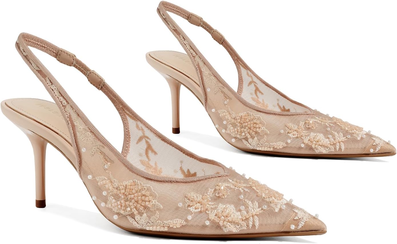 Slingback Heels for Women Pointed Closed Toed Kitten Heel Mesh Wedding Bridal Pumps - Image 6