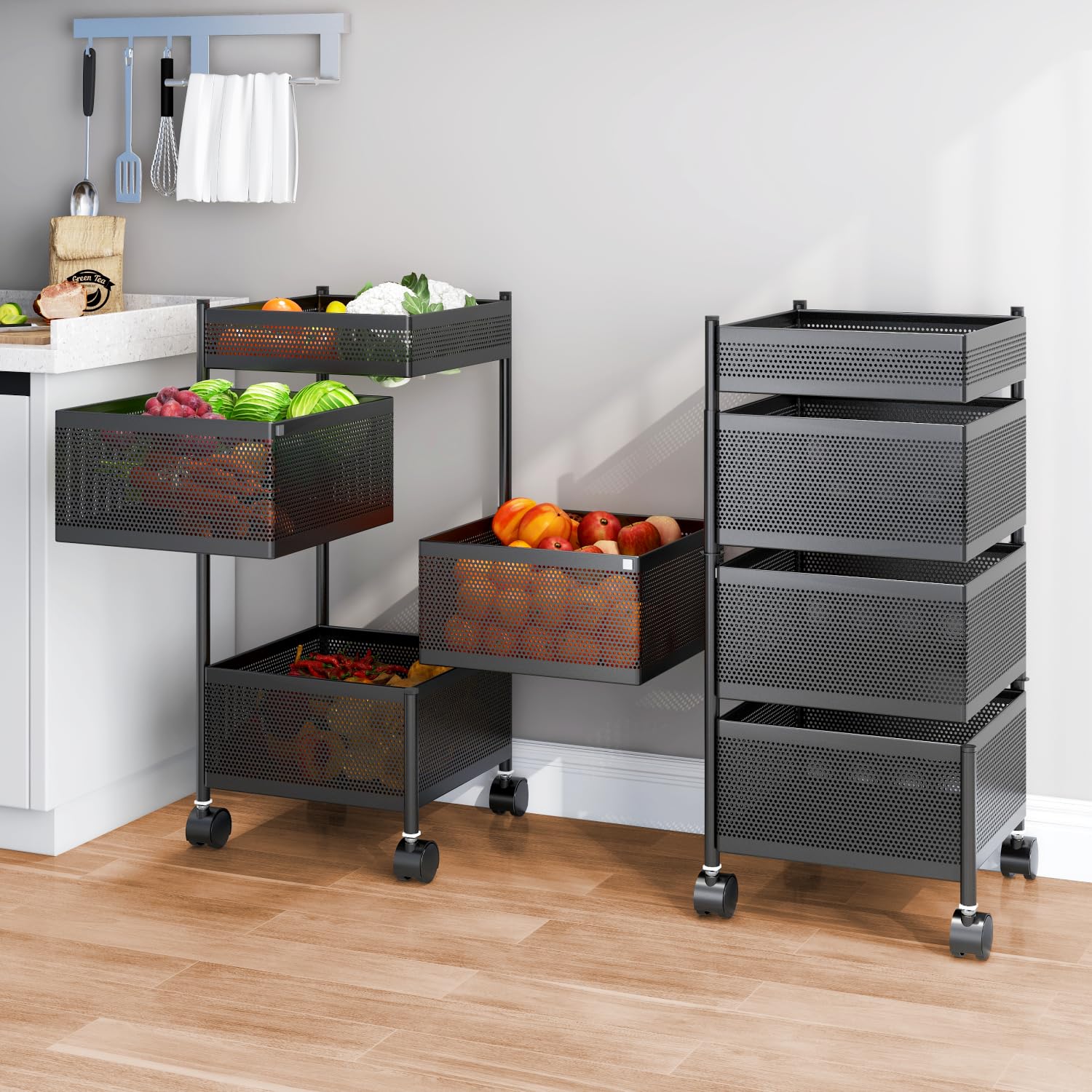 JD FRESH 4-Tier Metal Rotating Kitchen Trolley/Spice Rack/Vegetable & Fruit Storage/Organizer Holder and Onion-Potato Storage Basket for Kitchen