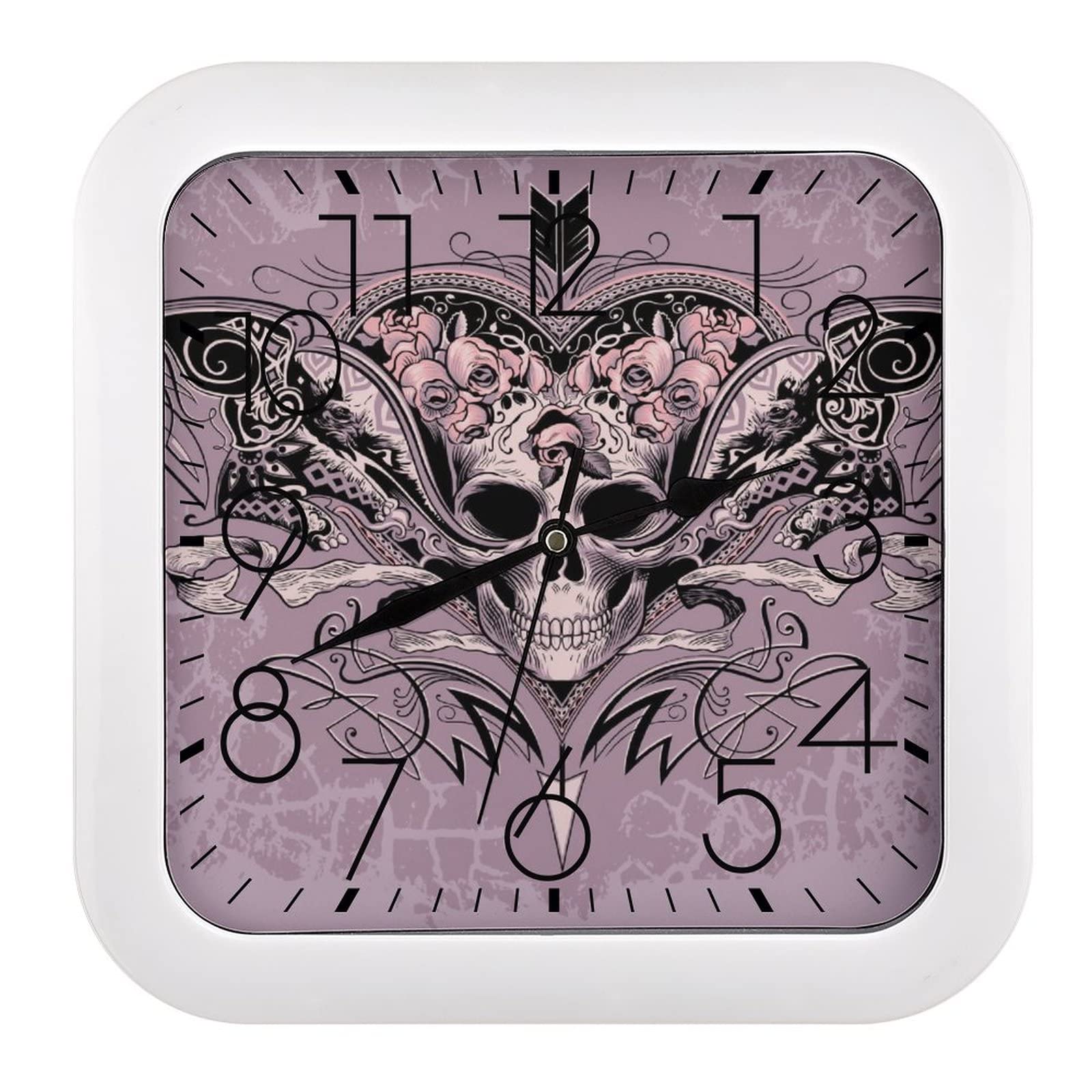 Horloge murale crâne rose carrée avec grands chiffres lisibles de loin