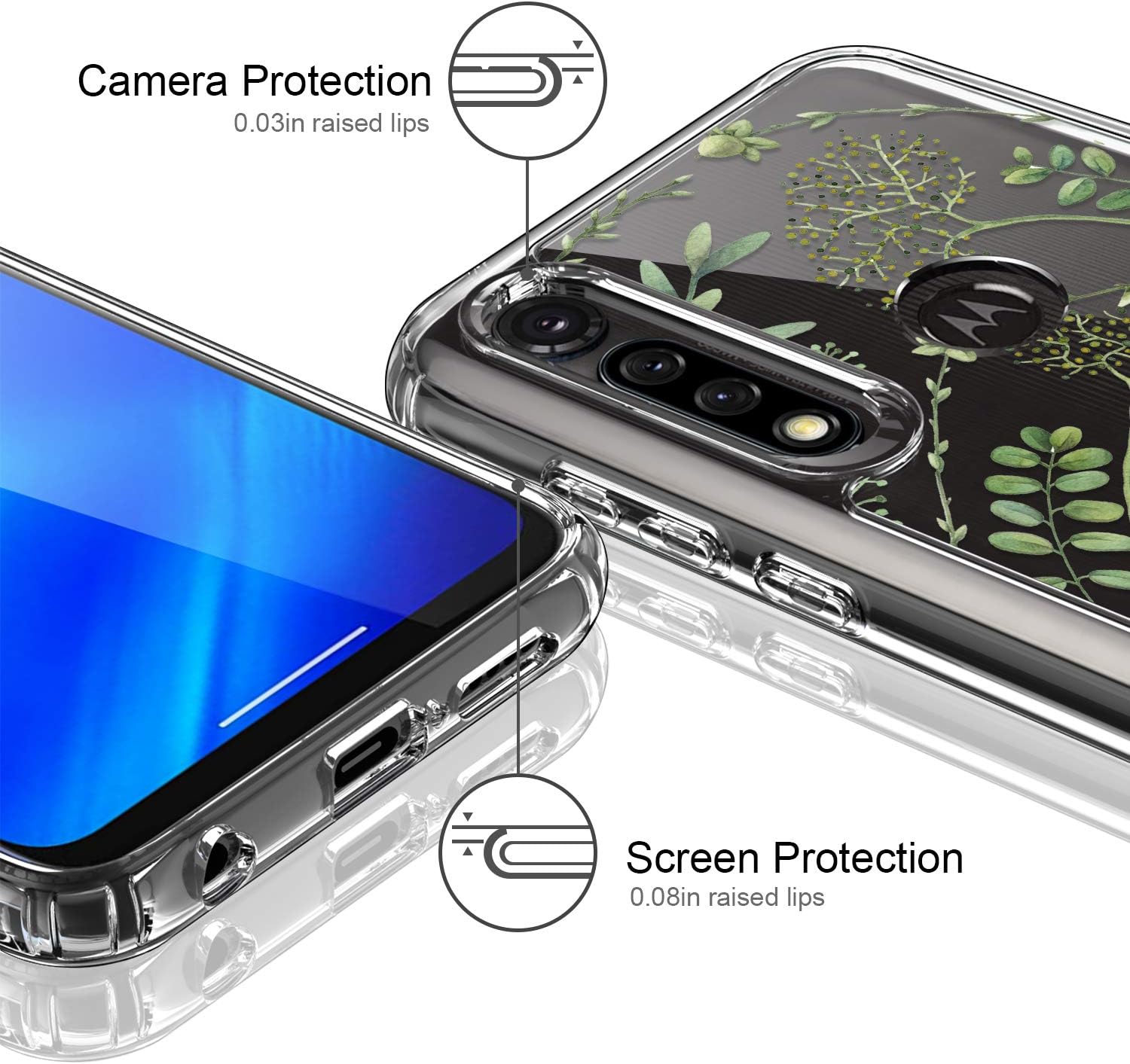 ICEDIO Moto G Power Case with Screen Protector,Clear TPU Cover with Fashionable Designs for Girls Women,Slim Fit Protective Phone Case for Moto G Power Cute Green Leaves Floral Flower