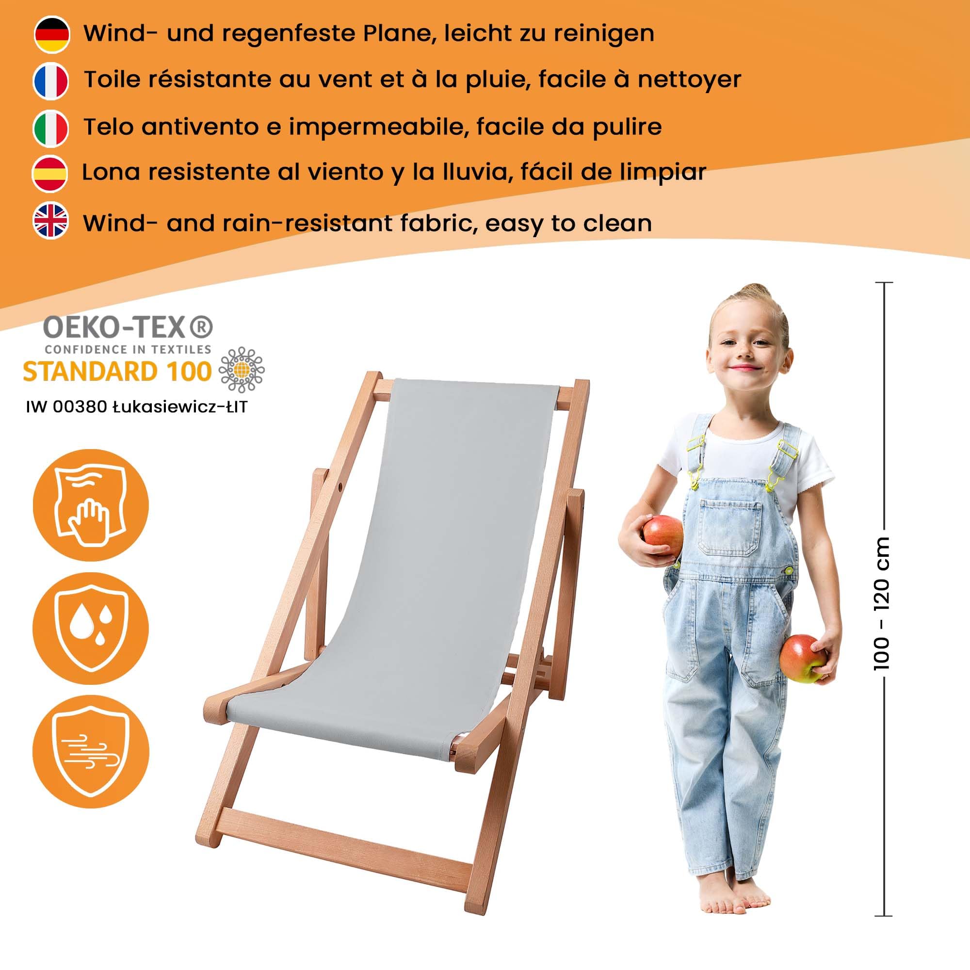 DreamRoots Chaise Longue Enfant en Bois de Hêtre, Chilienne Enfant Pliable, Transat Extérieur Jardin, Plage, Tissu Lavable Polyester 220 g/m², Charge Max 130 kg