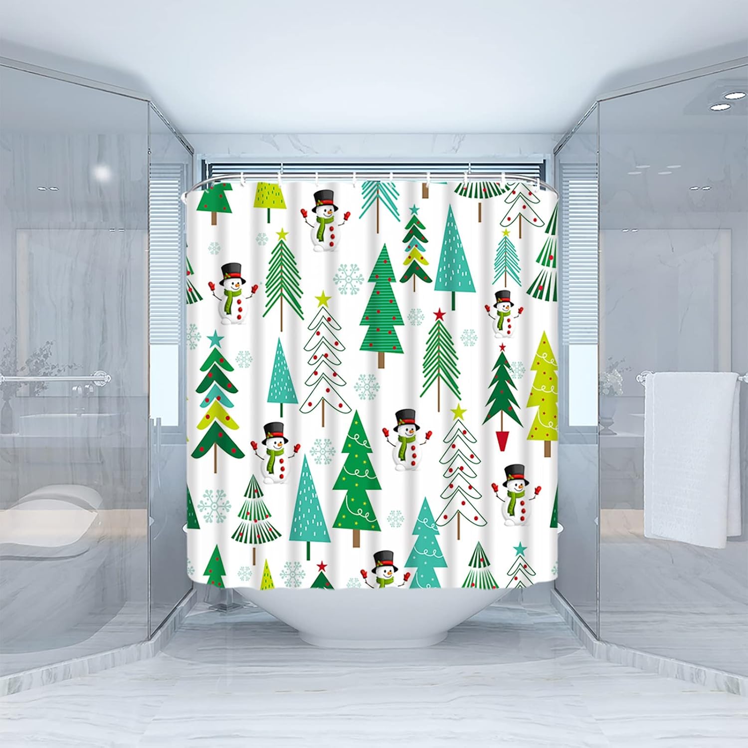GCTNBJL Merry Christmas Shower Curtain Xmas Tree Snowman Snowflake Pine Tree Forest Winter Holiday Featival Rustic Cartoon Bathroom Curtain with Hooks,Green Red White