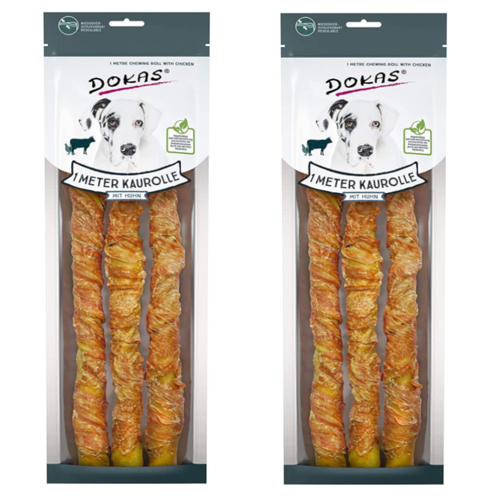 Dokas Dog Snack 1 m Kaurolle für Hunde aus Rinderhaut mit Huhn - Doppelpack - 2 x 315g