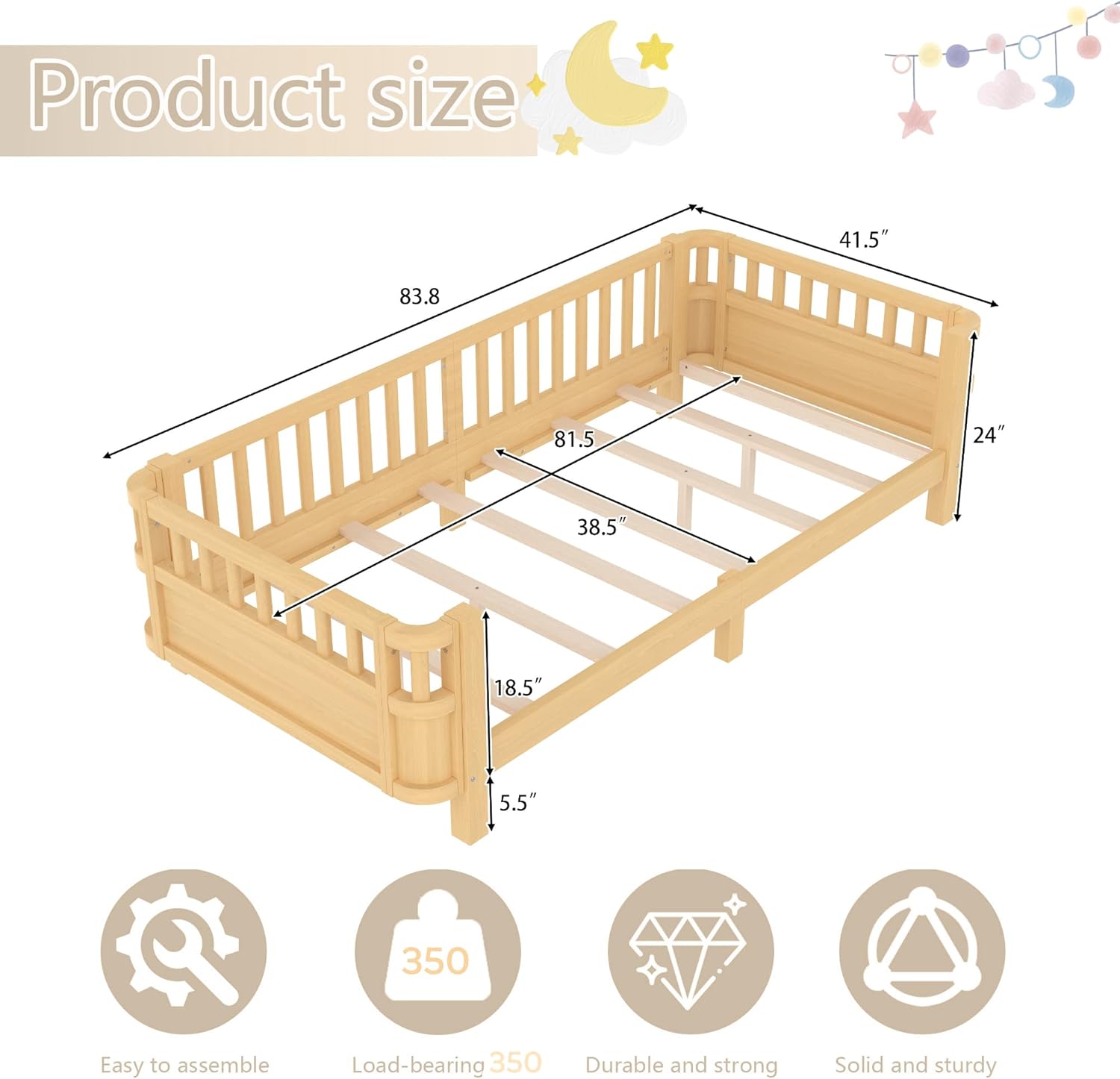 Twin XL Size Bed Frame Kids, Solid Wood Montessori Bed with Detachable Side Fences and Safety Rails, Kids Daybed Frame for Boys’ and Girls’ Room, Low Profile & Rounded Corners Design, Natural