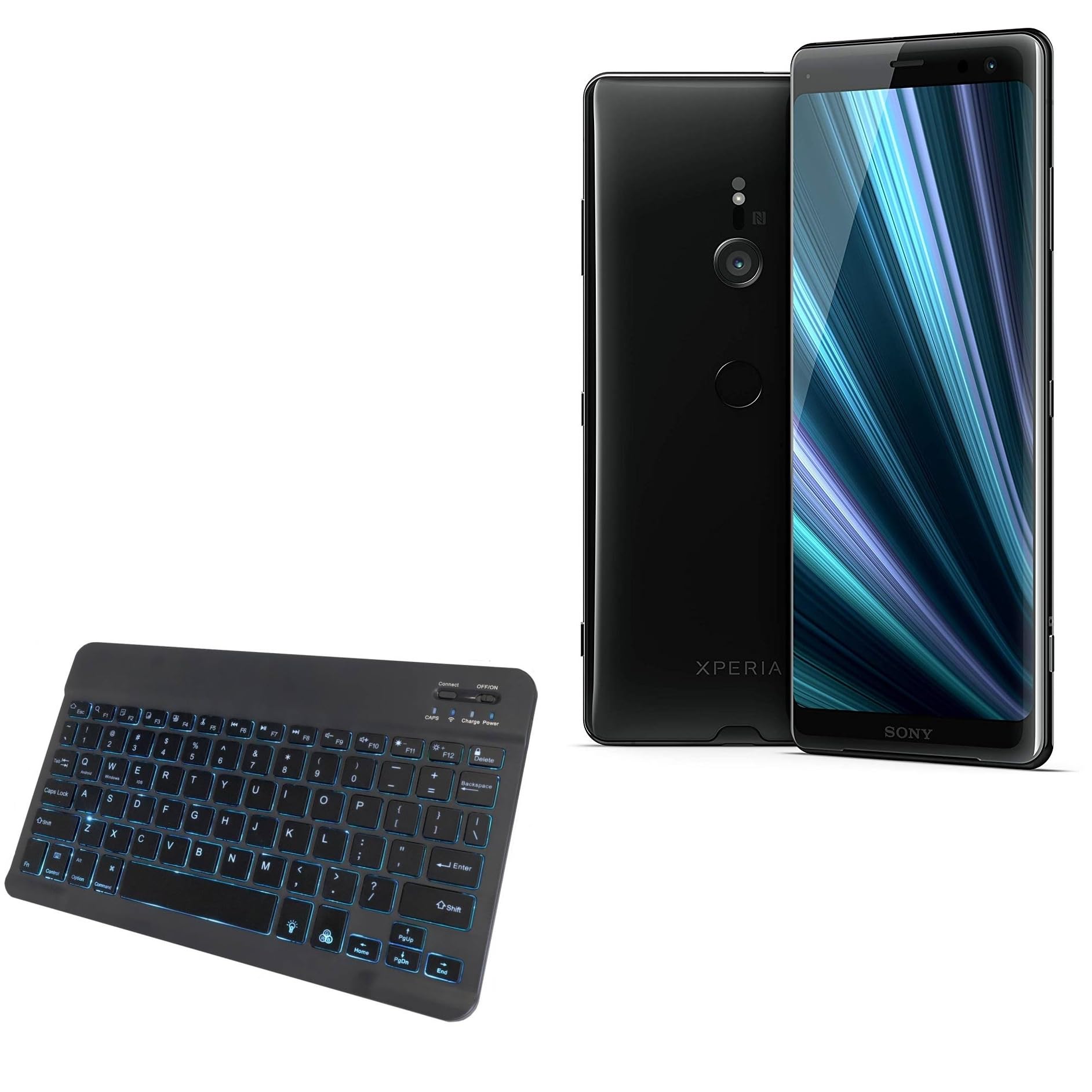 BoxWave Keyboard Compatible with Sony Xperia XZ3 - SlimKeys Bluetooth Keyboard - with Backlight, Portable Slim LED 7 Colors - Jet Black