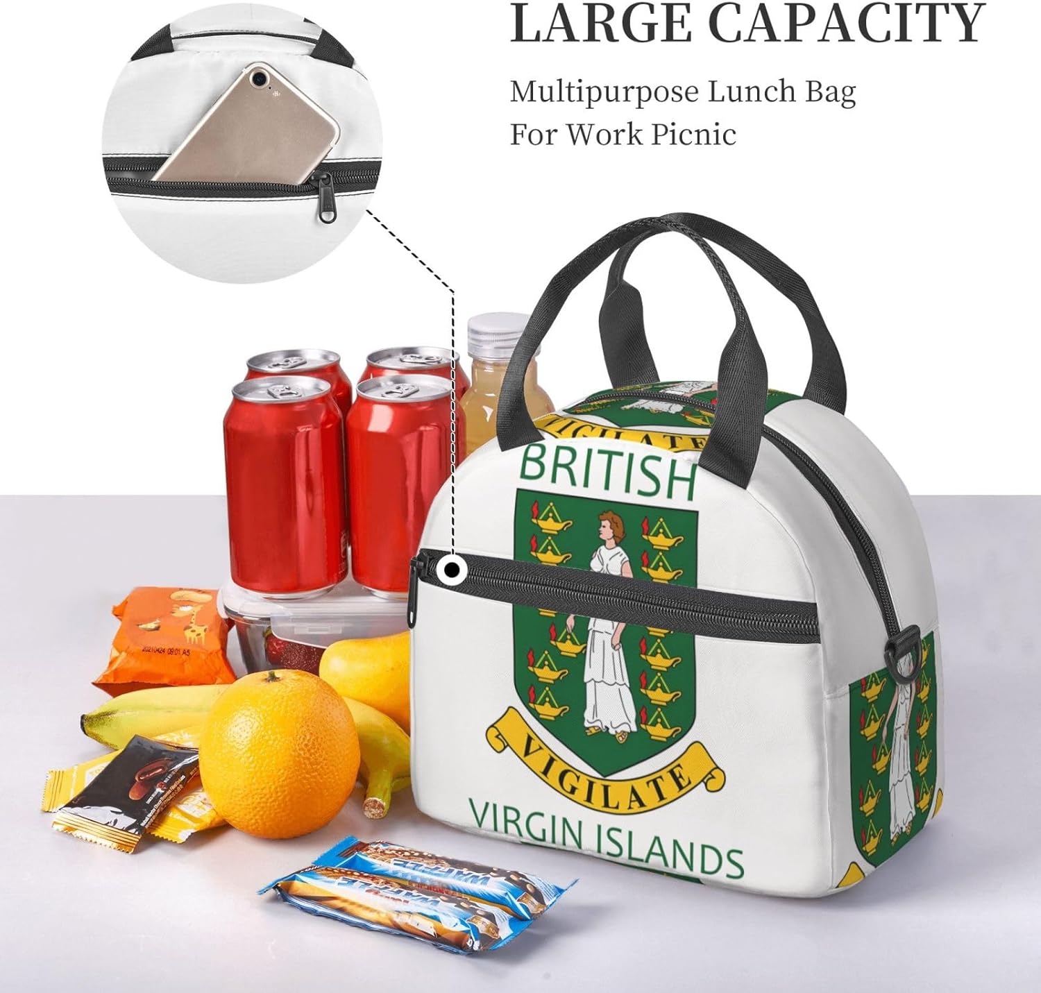 SUNNYEE British Virgin Islands Flags Insulated Lunch Bag Portable Lunch Box Reusable Cooler Tote Bags Sling Organizer with Front Pocket Removable Strap for Office Picnic Camping