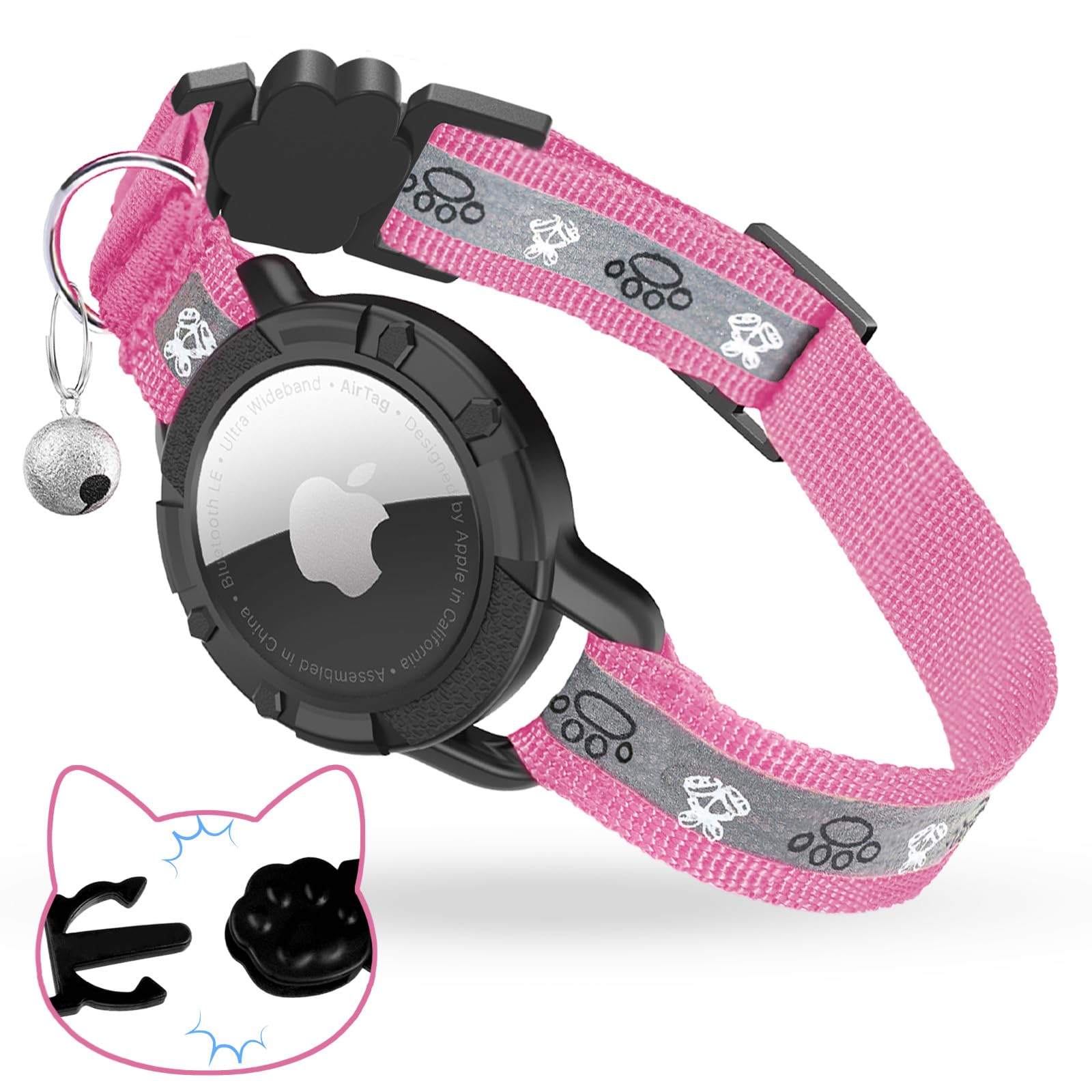 Collier élastique pour chaton et chiot avec support AirTag rose