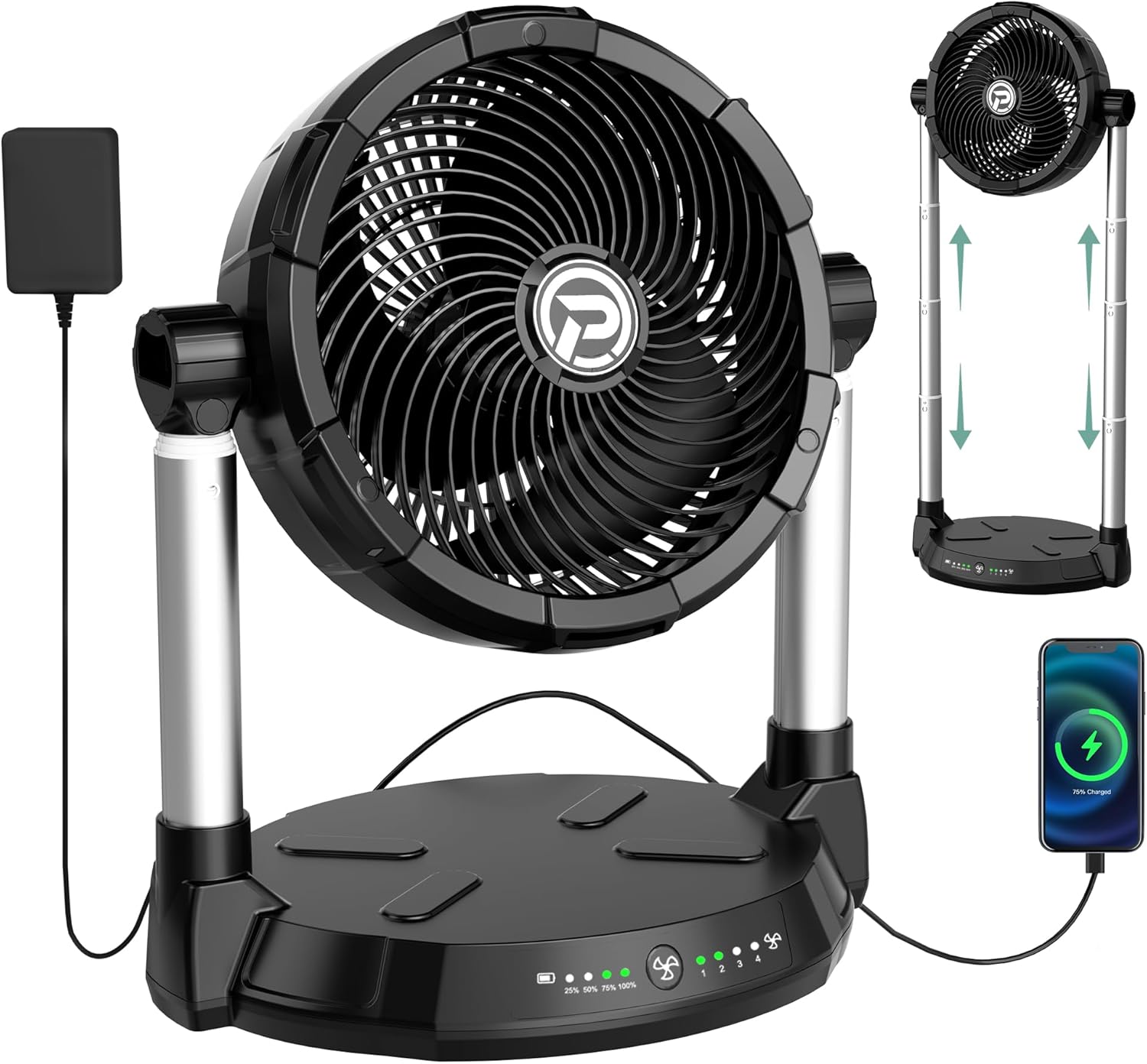 40000mAh Battery Fan with 65H Runtime, 12" High-Velocity 4-Speed Floor Fan, 18-34.6" Dual Stand Height Adjustable & 180°Tilt, Dual Outputs, Cordless for Indoor, Outdoor Camping, Travel, Power Outage