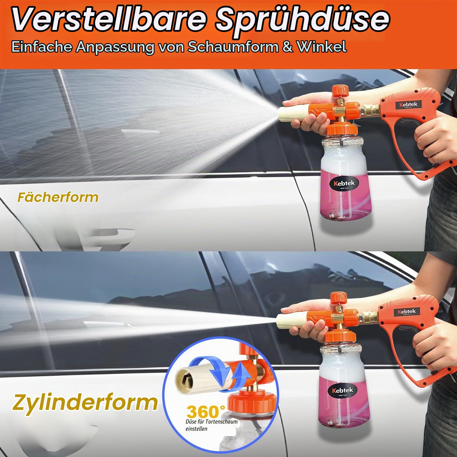 Kebtek Hochdruckreiniger Pistole 5200PSI mit Schaumkanone 1L, 5 Düse, Adapter Kompatibel mit Kärcher K2-K7 Serie (MRP-003-B)