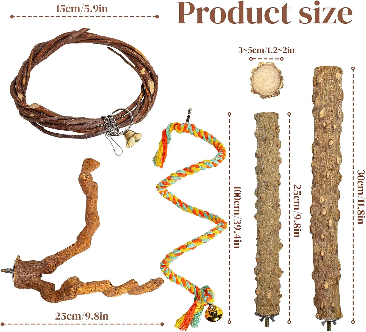 5 Pack Natural Wood Bird Perch Toys Set with Swing & Rope - Chewable Bird Cage Accessories for Small Parrots, Parakeets，Budgies, Cockatiels, Conures