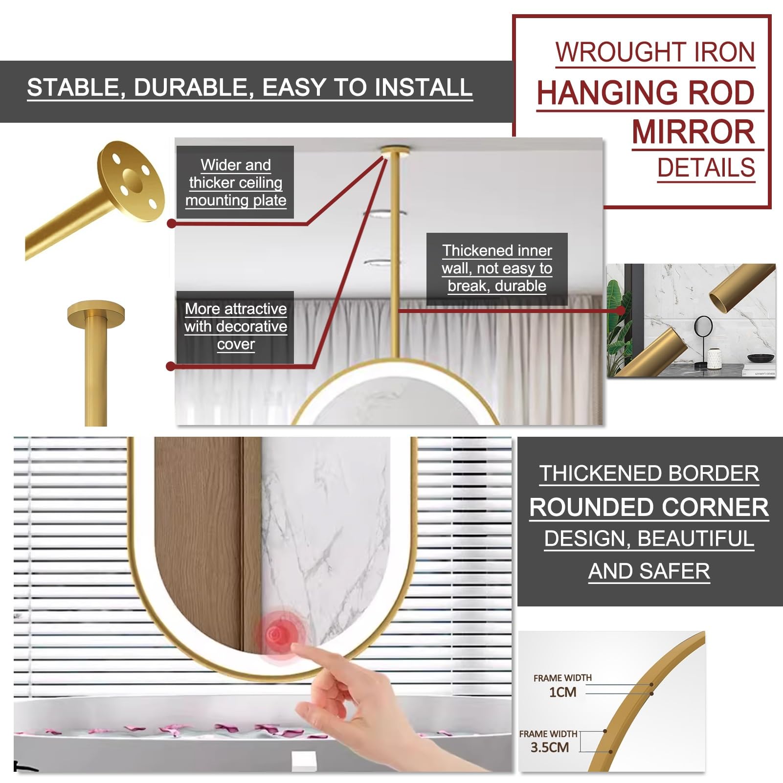 Specchio Ovale da Bagno con luci LED, Specchio a soffitto in Vetro temperato HD, Specchio da Parete per Trucco in Bagno, Camera da Letto, Soggiorno, Oro (40 cm x 70 cm)