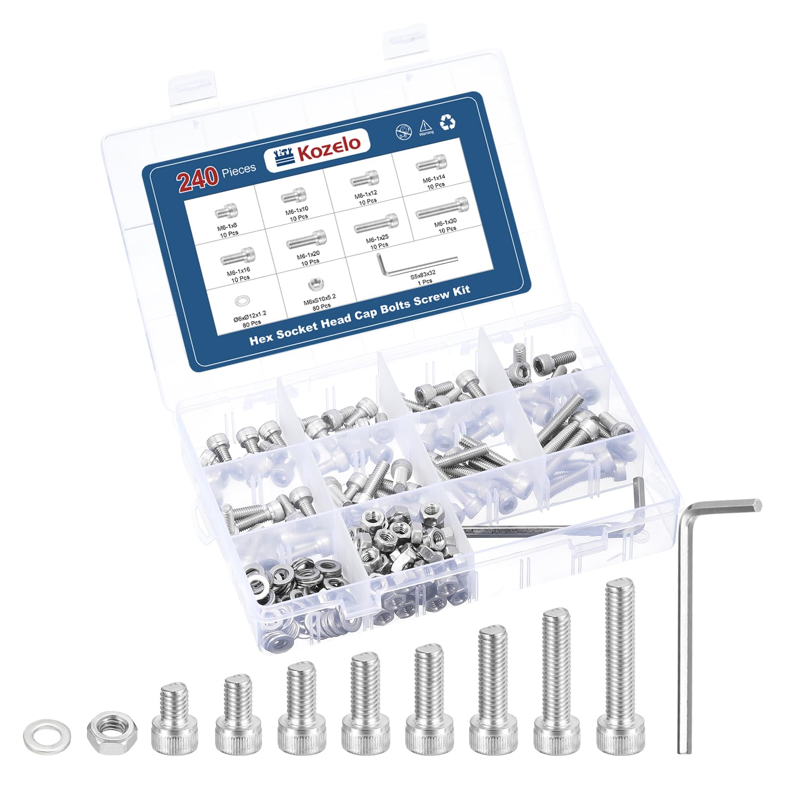 Kozelo 240pcs M6 Socket Head Cap Screws Bolts Nuts Assortment Kit