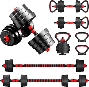 4 in 1 Adjustable Dumbbell Set,55LBS Free Weights Dumbbells with Connecting Rod Used as Barbell & Non-Slip Handles & Kettle-Bell Base,Full Body Workout,Home Gym Workout Equipment