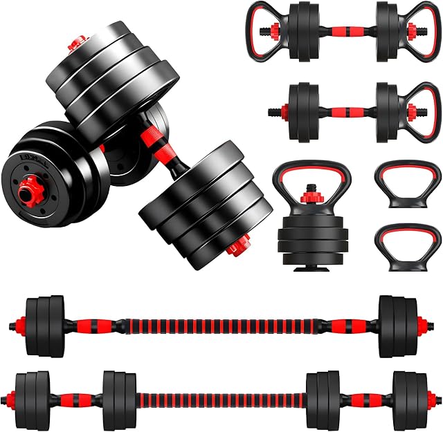 4 in 1 Adjustable Dumbbell Set,55LBS Free Weights Dumbbells with Connecting Rod Used as Barbell & Non-Slip Handles & Kettle-Bell Base,Full Body Workout,Home Gym Workout Equipment