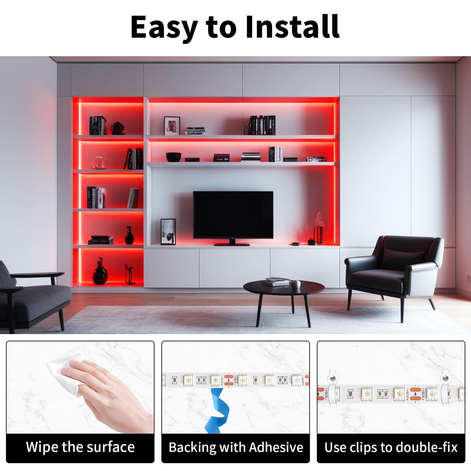 Tira de luces LED rojas de 12 V, tira de luces LED flexibles de 16.4 pies, 300 LED, 5050, cinta de luces para dormitorio, cocina, armario, espejo (adaptador de corriente no incluido) 3