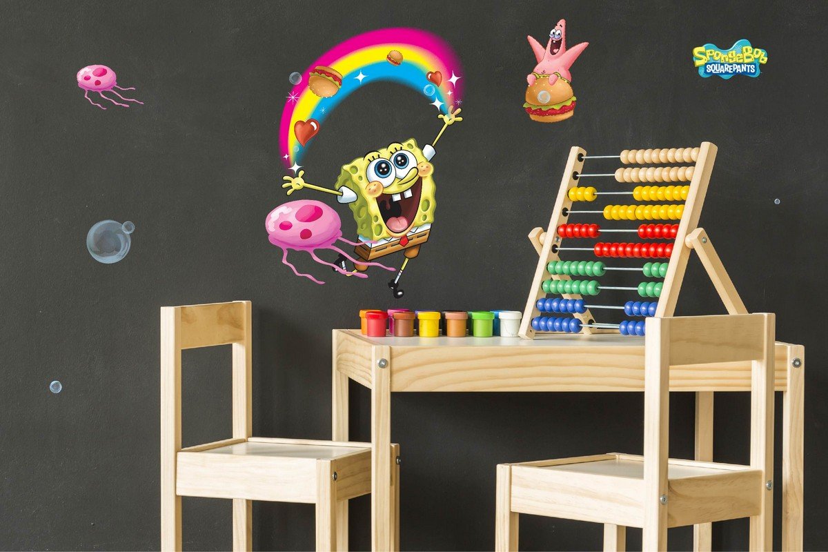 Asian Paints Wall Ons Original Spongebob 'XXL' Wall Decal - 'Underwater Jellyfish Hunt' DIY Removable Peel and Stick Wall Sticker - 'Covers H 2.4 ft x W 4.7 ft' Home Decor