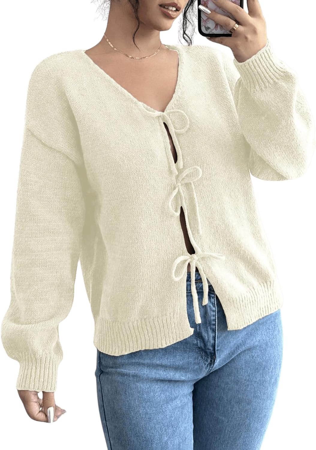 MakeMeChic Women's V Neck Tie Front Long Sleeve Sweater Cardigan Drop Shoulder Knitted Outerwear