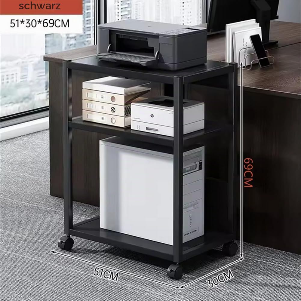 3 Ebenen Computer Tower Ständer, Höhenverstellbarer PC Tower Ständer mit Rollen, PC CPU Stand aus Metall Druckertisch für Wohnzimmer, Schlafzimmer, Arbeitszimmer, Büro,51x30x69cm,Schwarz