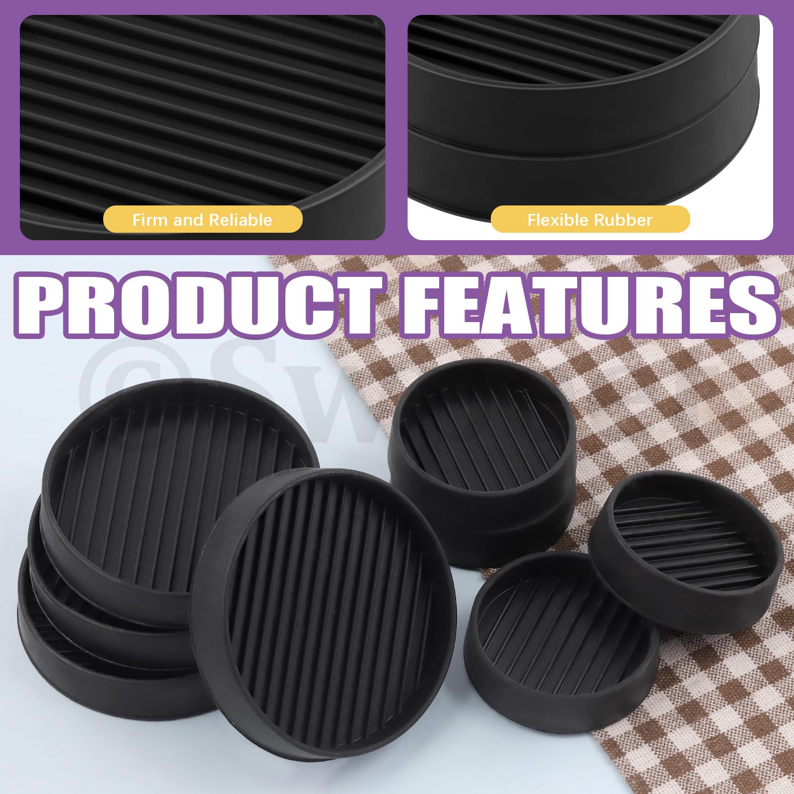 Swpeet 4Pcs 2" x 2" Round Black Rubber Anti Skid Caster Cups Non Slip Furniture Pads Kit, Anti-Slip Gripper - Image 4